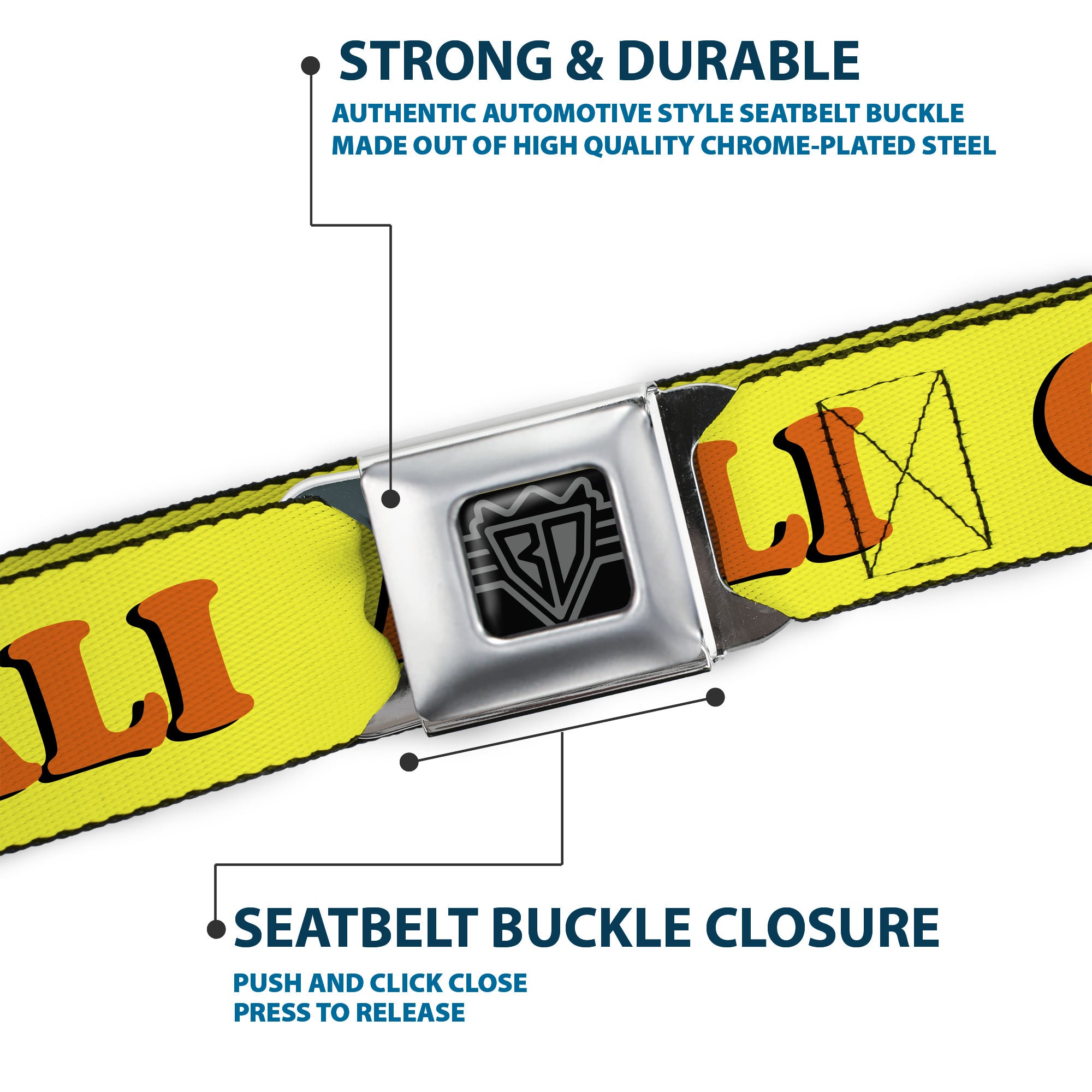 BD Wings Logo CLOSE-UP Full Color Black Silver Seatbelt Belt - CALI Yellow/Orange Webbing Seatbelt Belts Buckle-Down