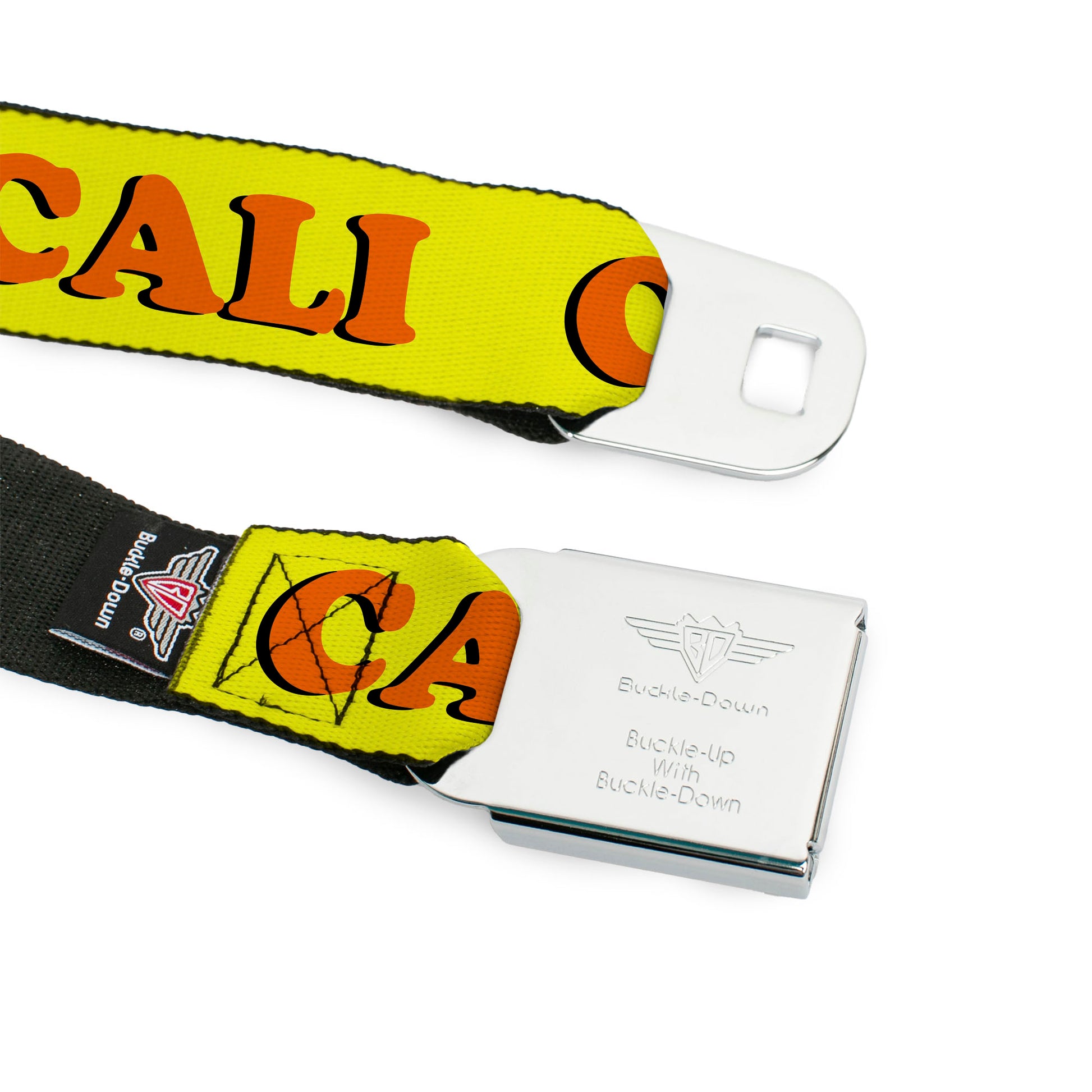 BD Wings Logo CLOSE-UP Full Color Black Silver Seatbelt Belt - CALI Yellow/Orange Webbing Seatbelt Belts Buckle-Down