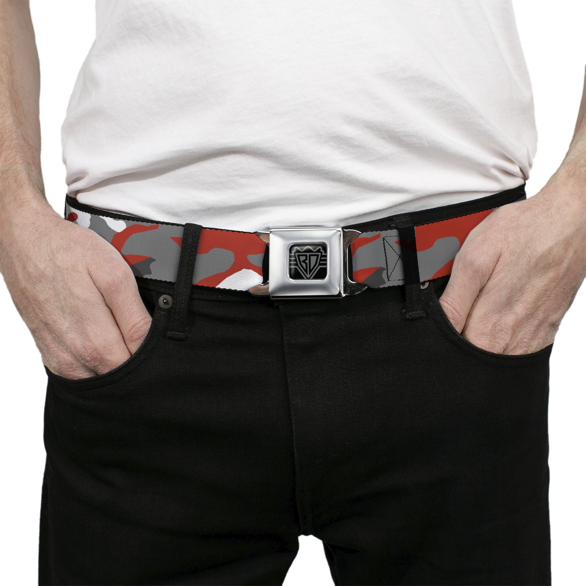BD Wings Logo CLOSE-UP Full Color Black Silver Seatbelt Belt - Camo Orange Webbing Seatbelt Belts Buckle-Down