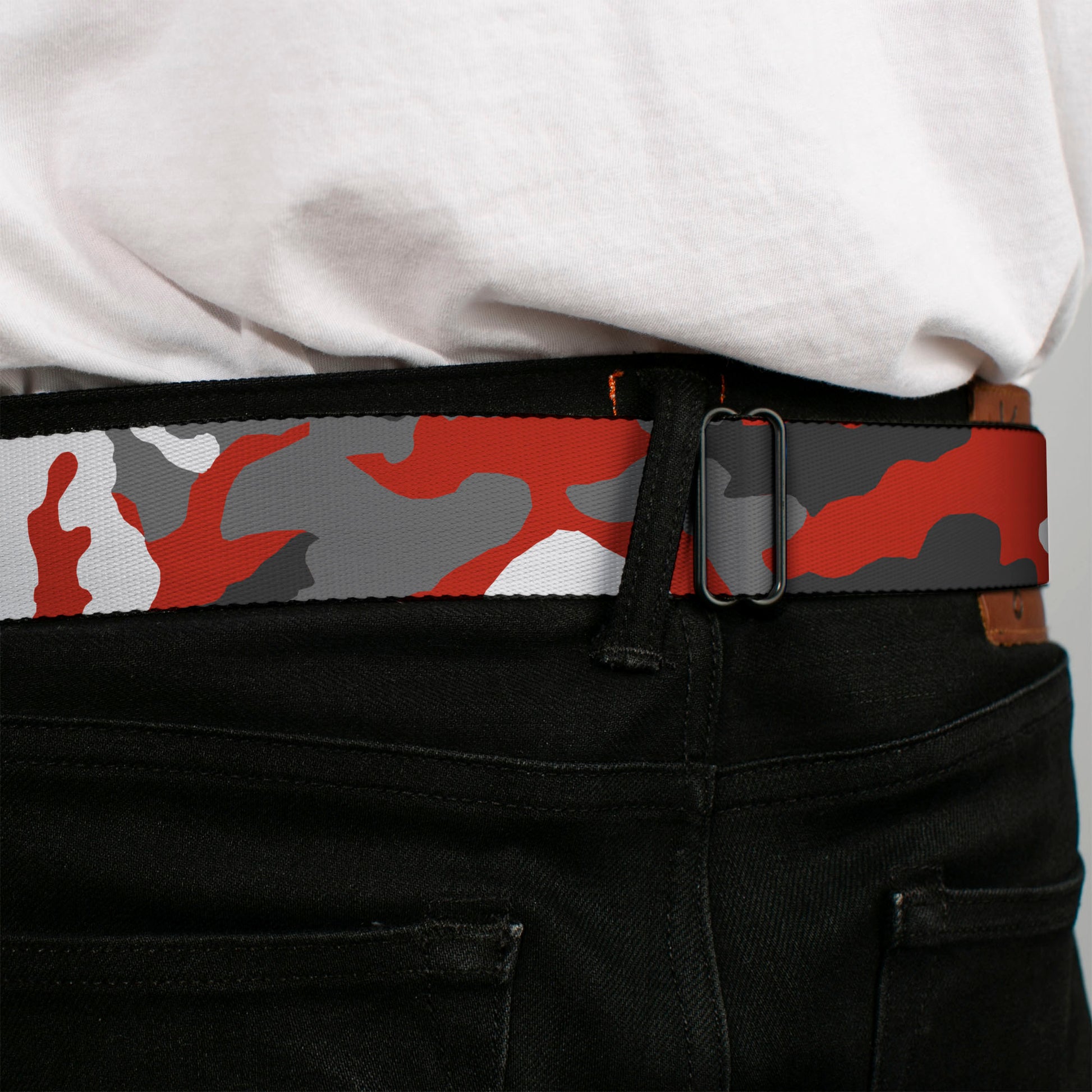 BD Wings Logo CLOSE-UP Full Color Black Silver Seatbelt Belt - Camo Orange Webbing Seatbelt Belts Buckle-Down