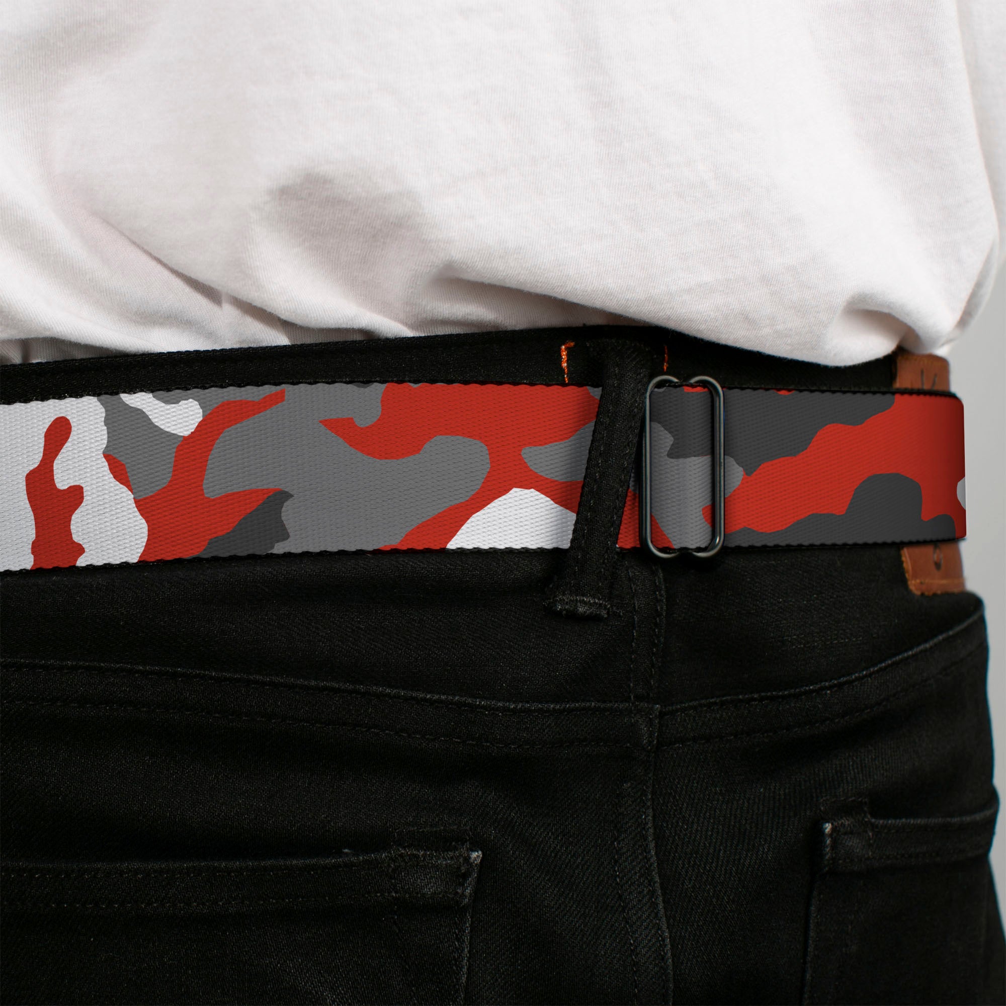 BD Wings Logo CLOSE-UP Full Color Black Silver Seatbelt Belt - Camo Orange Webbing Seatbelt Belts Buckle-Down