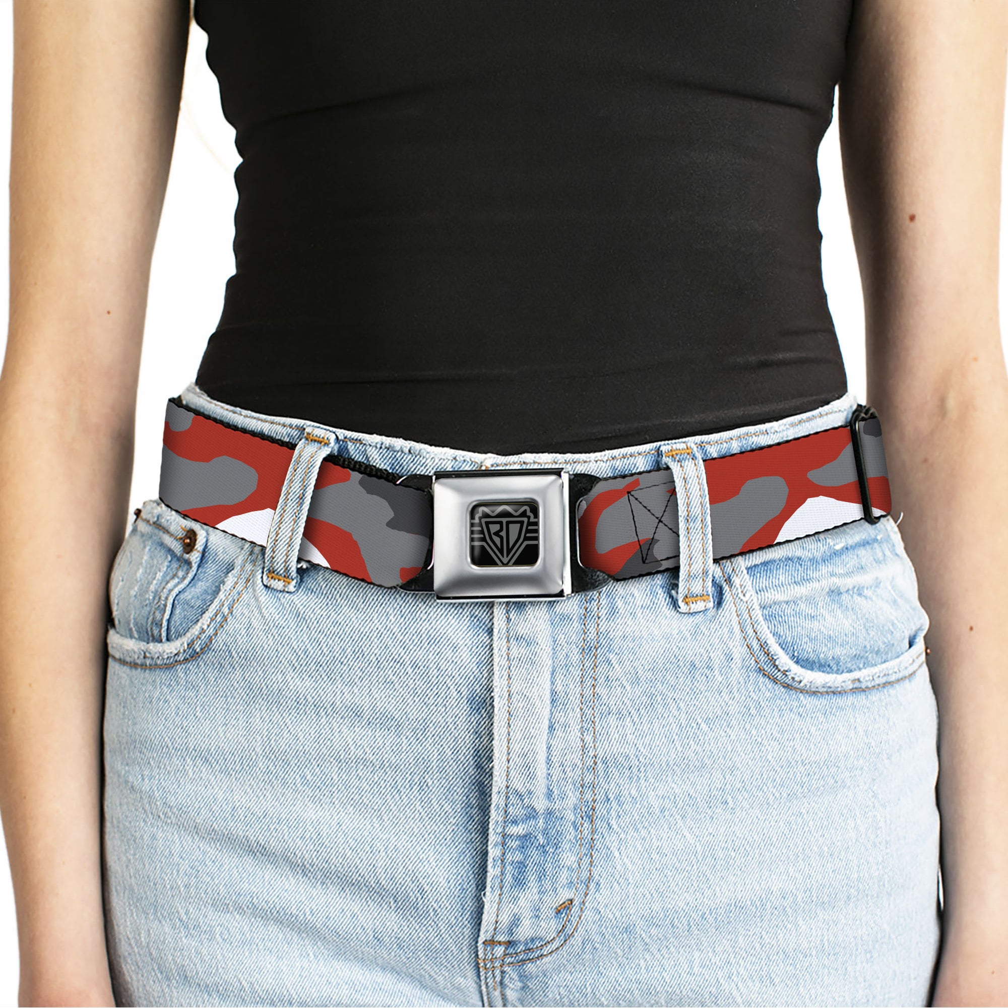 BD Wings Logo CLOSE-UP Full Color Black Silver Seatbelt Belt - Camo Orange Webbing Seatbelt Belts Buckle-Down