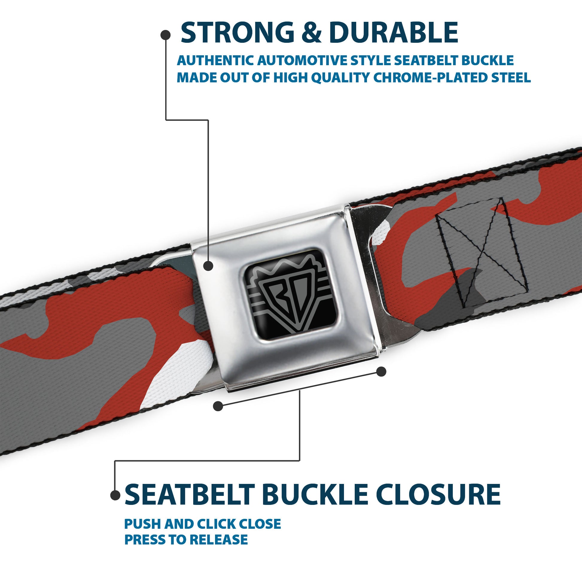 BD Wings Logo CLOSE-UP Full Color Black Silver Seatbelt Belt - Camo Orange Webbing Seatbelt Belts Buckle-Down