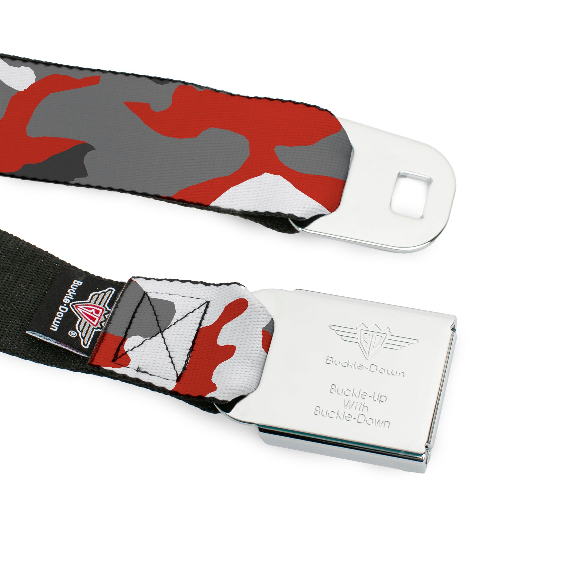BD Wings Logo CLOSE-UP Full Color Black Silver Seatbelt Belt - Camo Orange Webbing Seatbelt Belts Buckle-Down