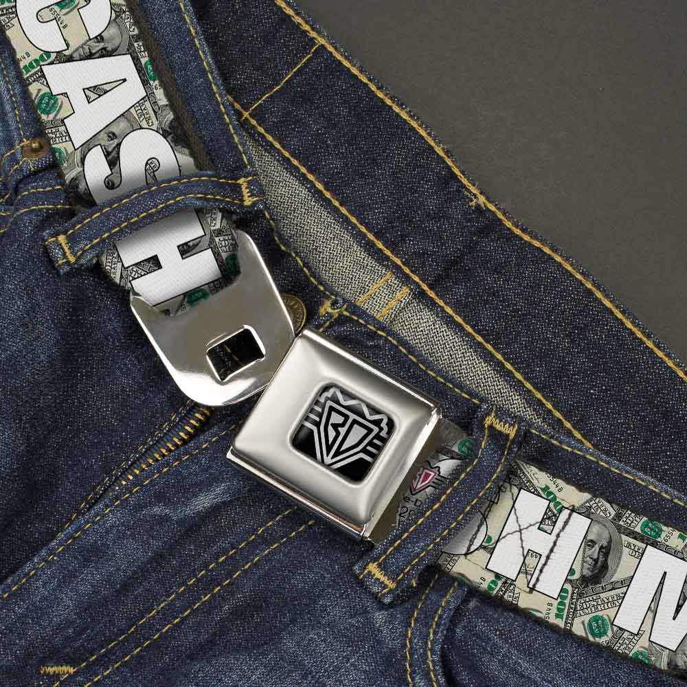 BD Wings Logo CLOSE-UP Full Color Black Silver Seatbelt Belt - CASH MONEY $ Dollars/White Webbing Seatbelt Belts Buckle-Down