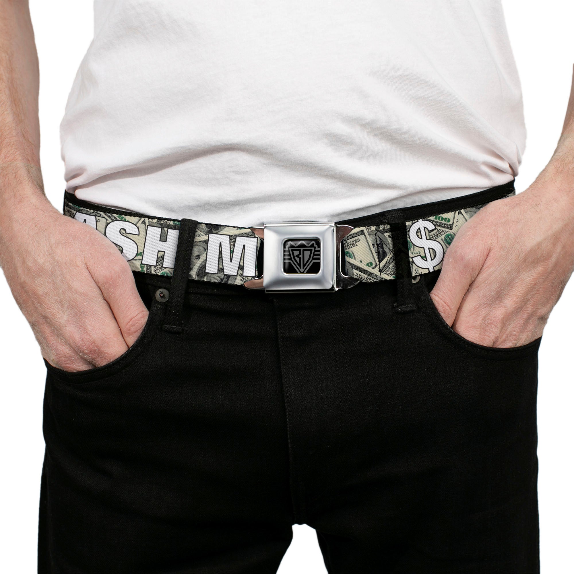 BD Wings Logo CLOSE-UP Full Color Black Silver Seatbelt Belt - CASH MONEY $ Dollars/White Webbing Seatbelt Belts Buckle-Down