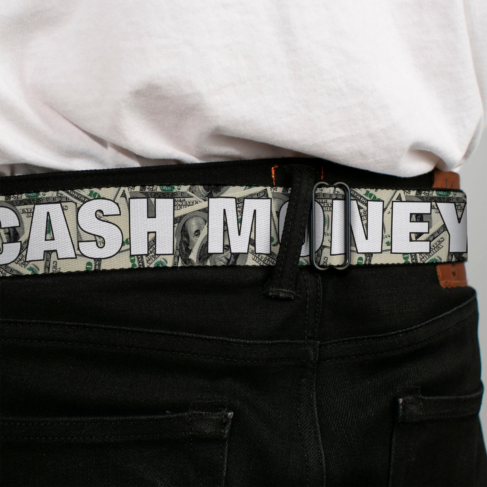 BD Wings Logo CLOSE-UP Full Color Black Silver Seatbelt Belt - CASH MONEY $ Dollars/White Webbing Seatbelt Belts Buckle-Down