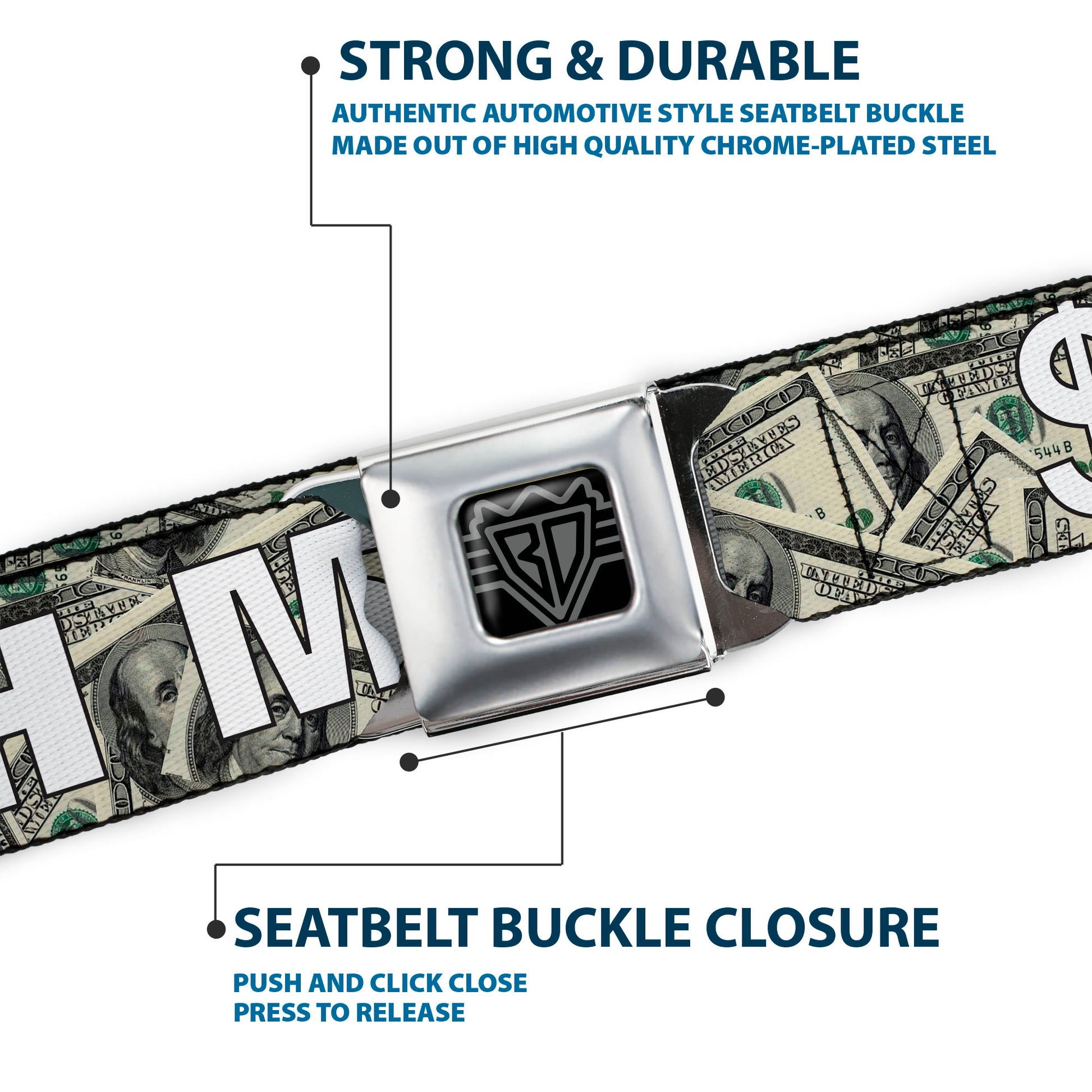 BD Wings Logo CLOSE-UP Full Color Black Silver Seatbelt Belt - CASH MONEY $ Dollars/White Webbing Seatbelt Belts Buckle-Down