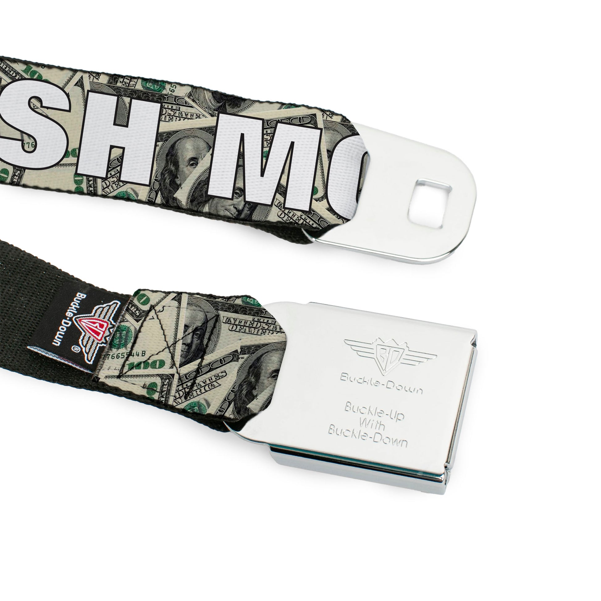 BD Wings Logo CLOSE-UP Full Color Black Silver Seatbelt Belt - CASH MONEY $ Dollars/White Webbing Seatbelt Belts Buckle-Down