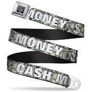 BD Wings Logo CLOSE-UP Full Color Black Silver Seatbelt Belt - CASH MONEY $ Dollars/White Webbing Seatbelt Belts Buckle-Down