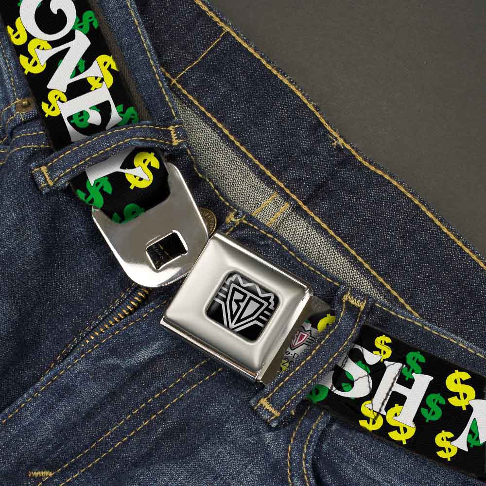 BD Wings Logo CLOSE-UP Full Color Black Silver Seatbelt Belt - CASH MONEY w/$$$ Black/White/Yellow/Green Webbing Seatbelt Belts Buckle-Down