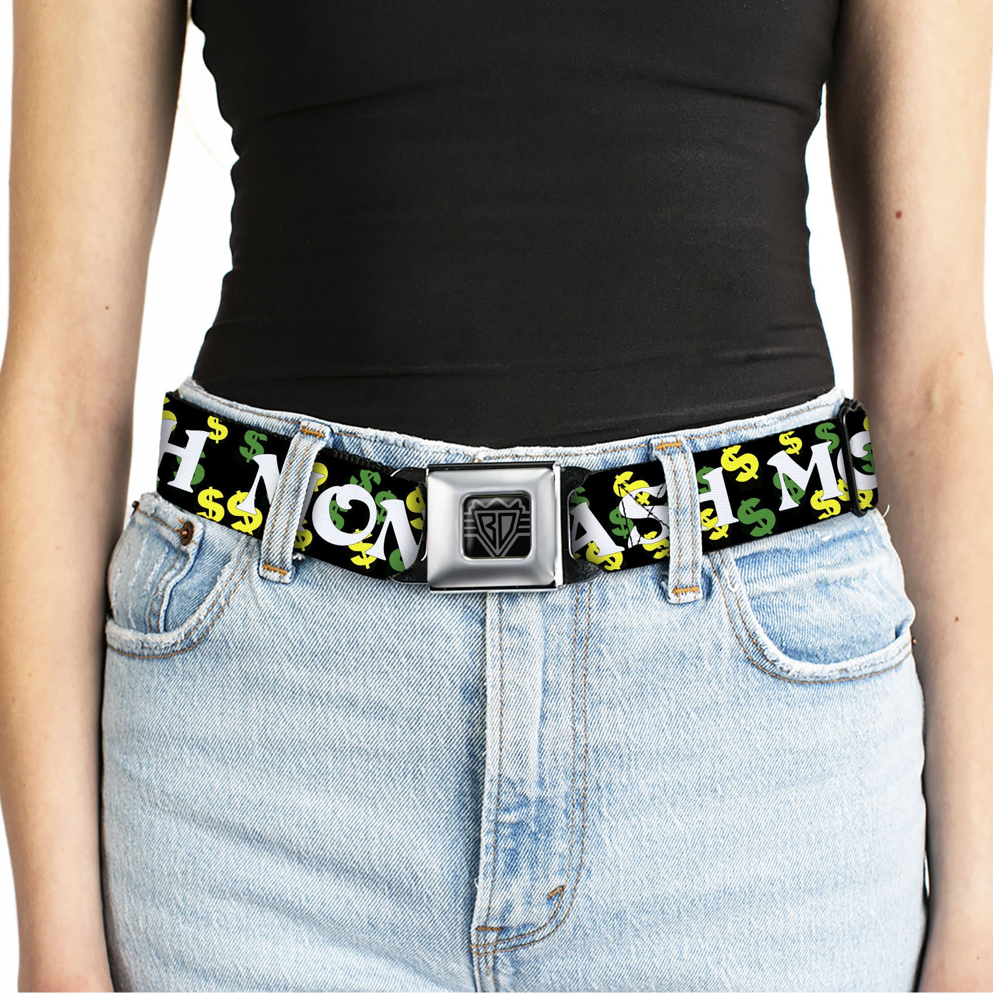 BD Wings Logo CLOSE-UP Full Color Black Silver Seatbelt Belt - CASH MONEY w/$$$ Black/White/Yellow/Green Webbing Seatbelt Belts Buckle-Down