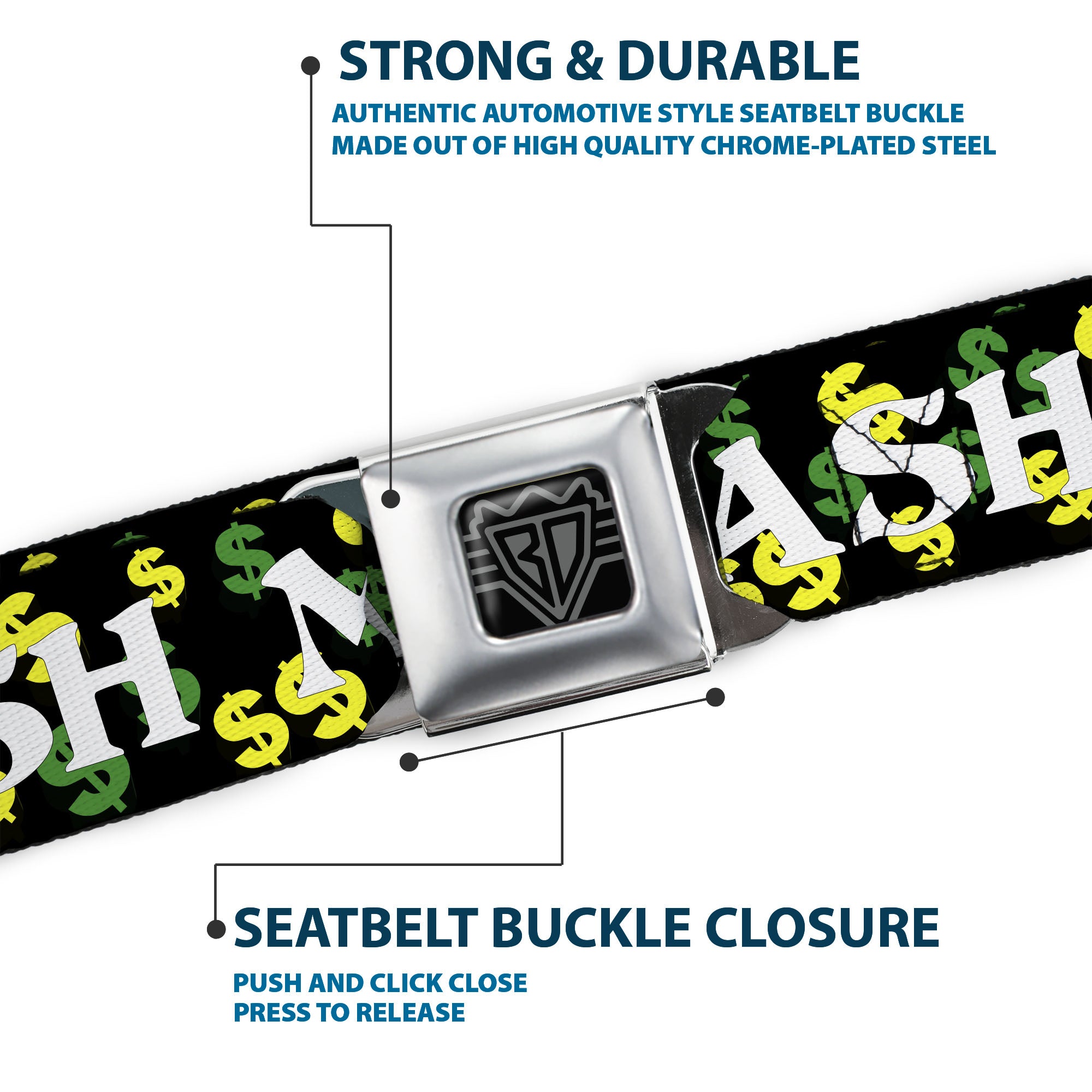 BD Wings Logo CLOSE-UP Full Color Black Silver Seatbelt Belt - CASH MONEY w/$$$ Black/White/Yellow/Green Webbing Seatbelt Belts Buckle-Down