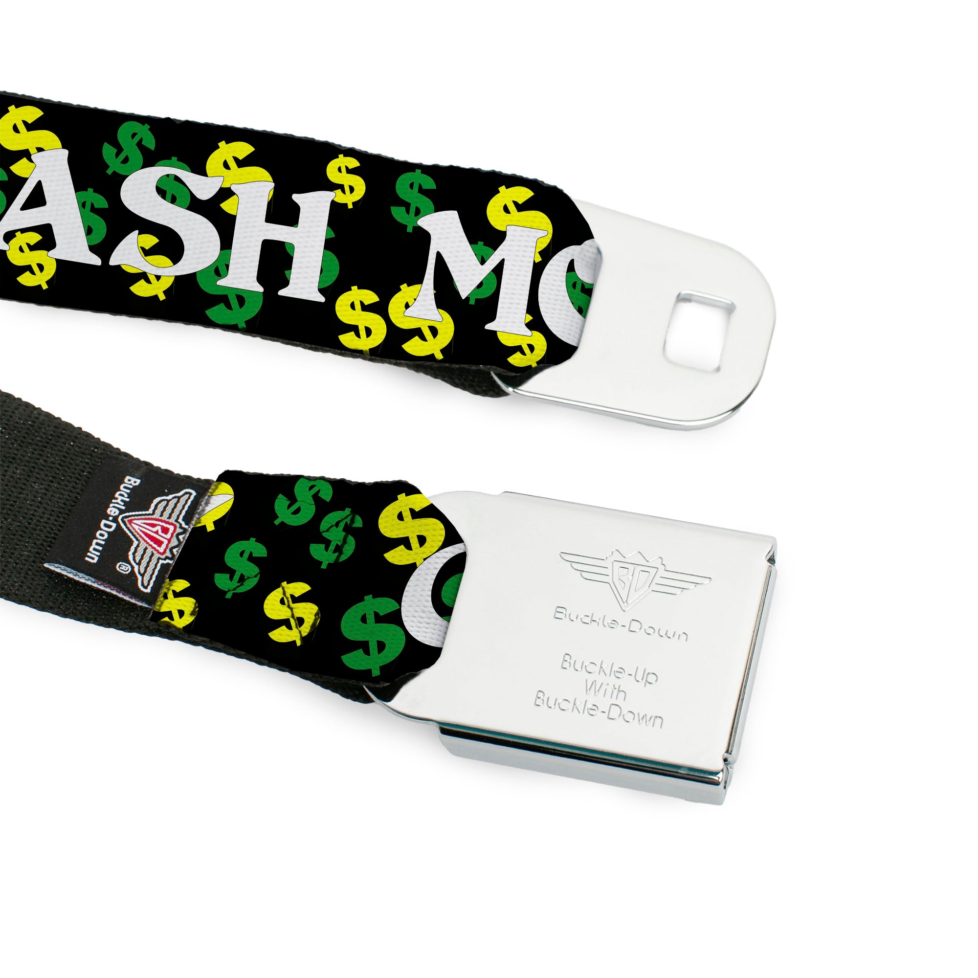 BD Wings Logo CLOSE-UP Full Color Black Silver Seatbelt Belt - CASH MONEY w/$$$ Black/White/Yellow/Green Webbing Seatbelt Belts Buckle-Down