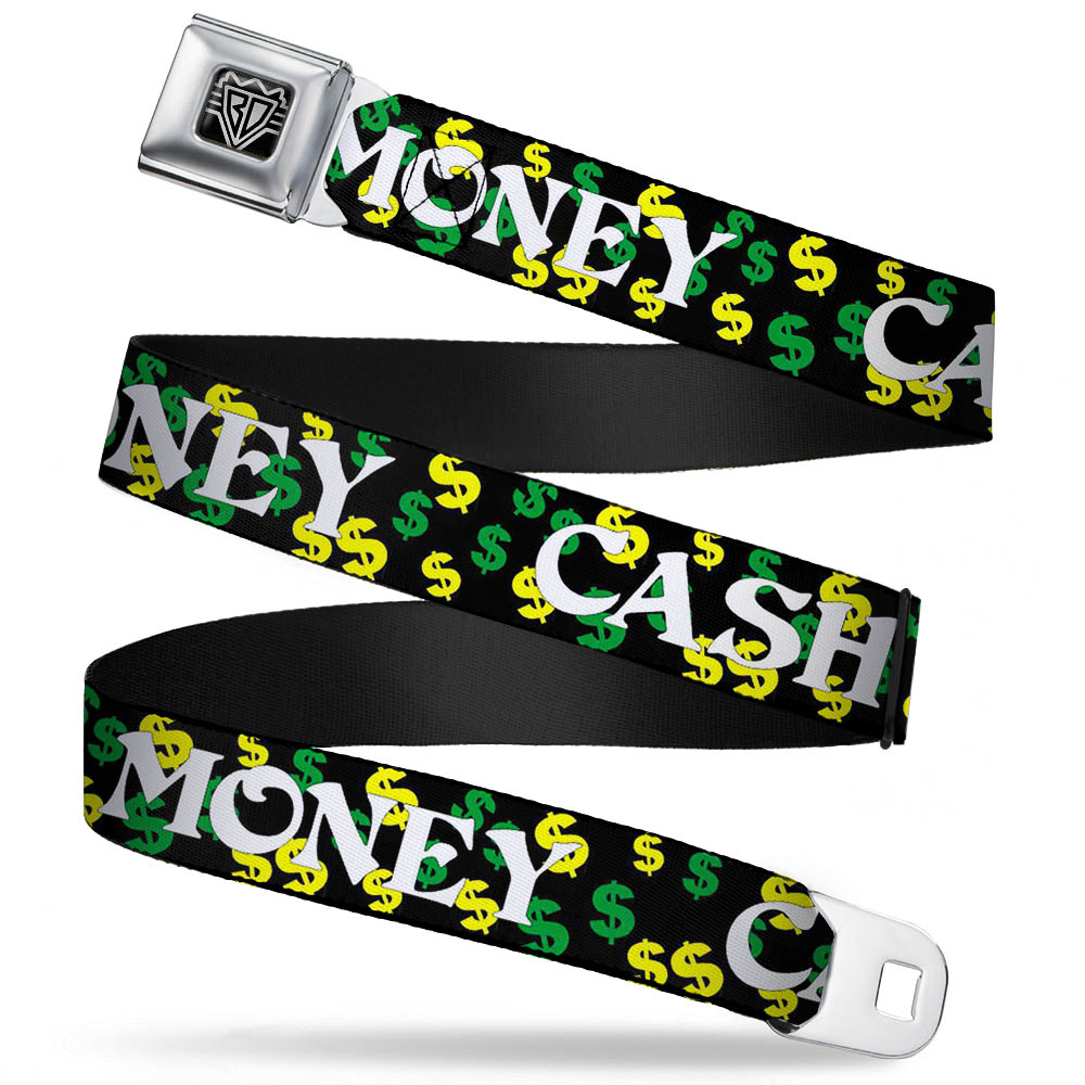 BD Wings Logo CLOSE-UP Full Color Black Silver Seatbelt Belt - CASH MONEY w/$$$ Black/White/Yellow/Green Webbing Seatbelt Belts Buckle-Down