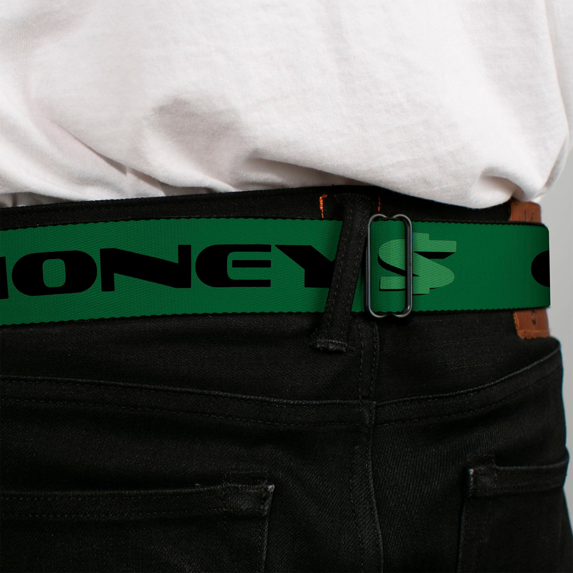BD Wings Logo CLOSE-UP Full Color Black Silver Seatbelt Belt - CASH MONEY $ Green/Black Webbing Seatbelt Belts Buckle-Down