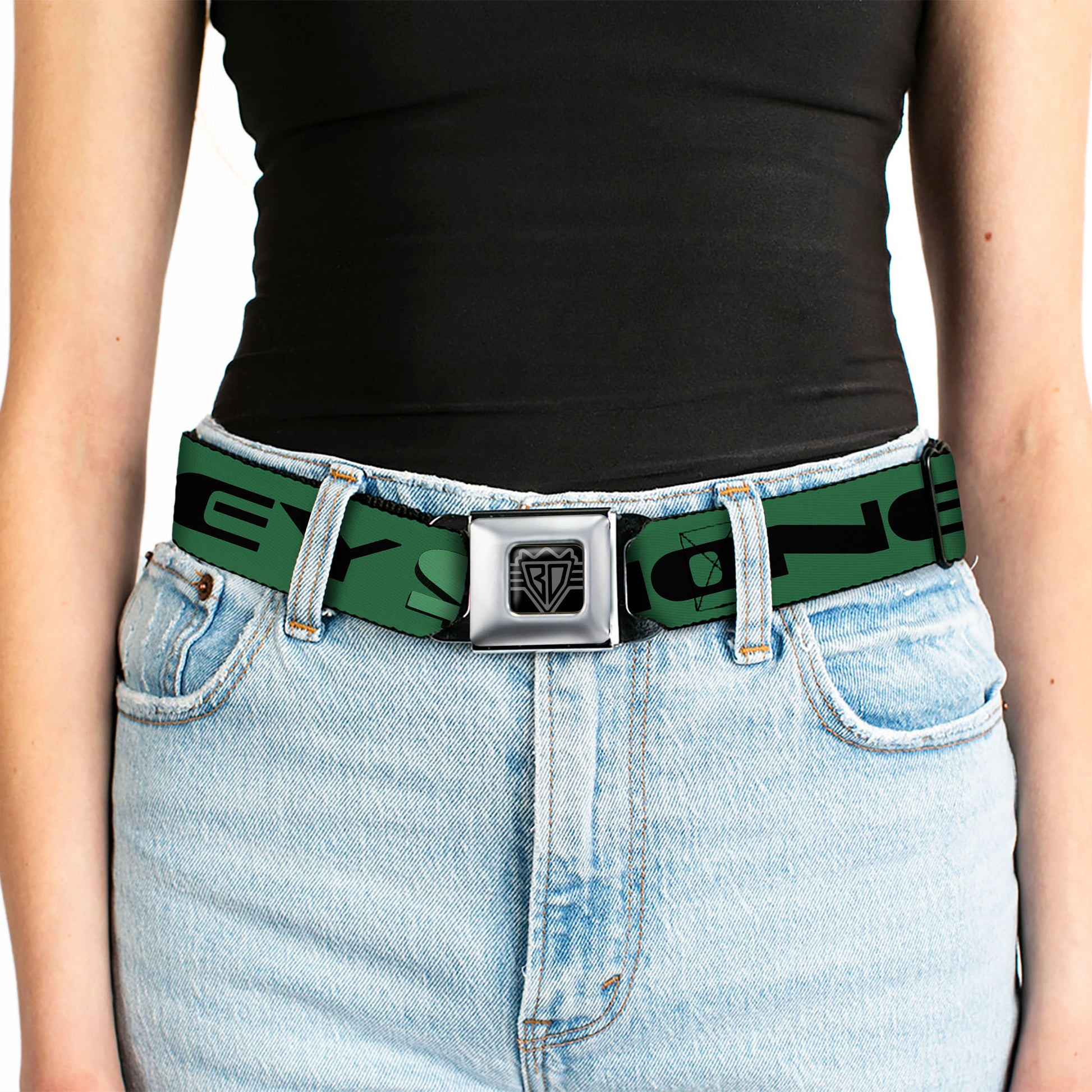 BD Wings Logo CLOSE-UP Full Color Black Silver Seatbelt Belt - CASH MONEY $ Green/Black Webbing Seatbelt Belts Buckle-Down