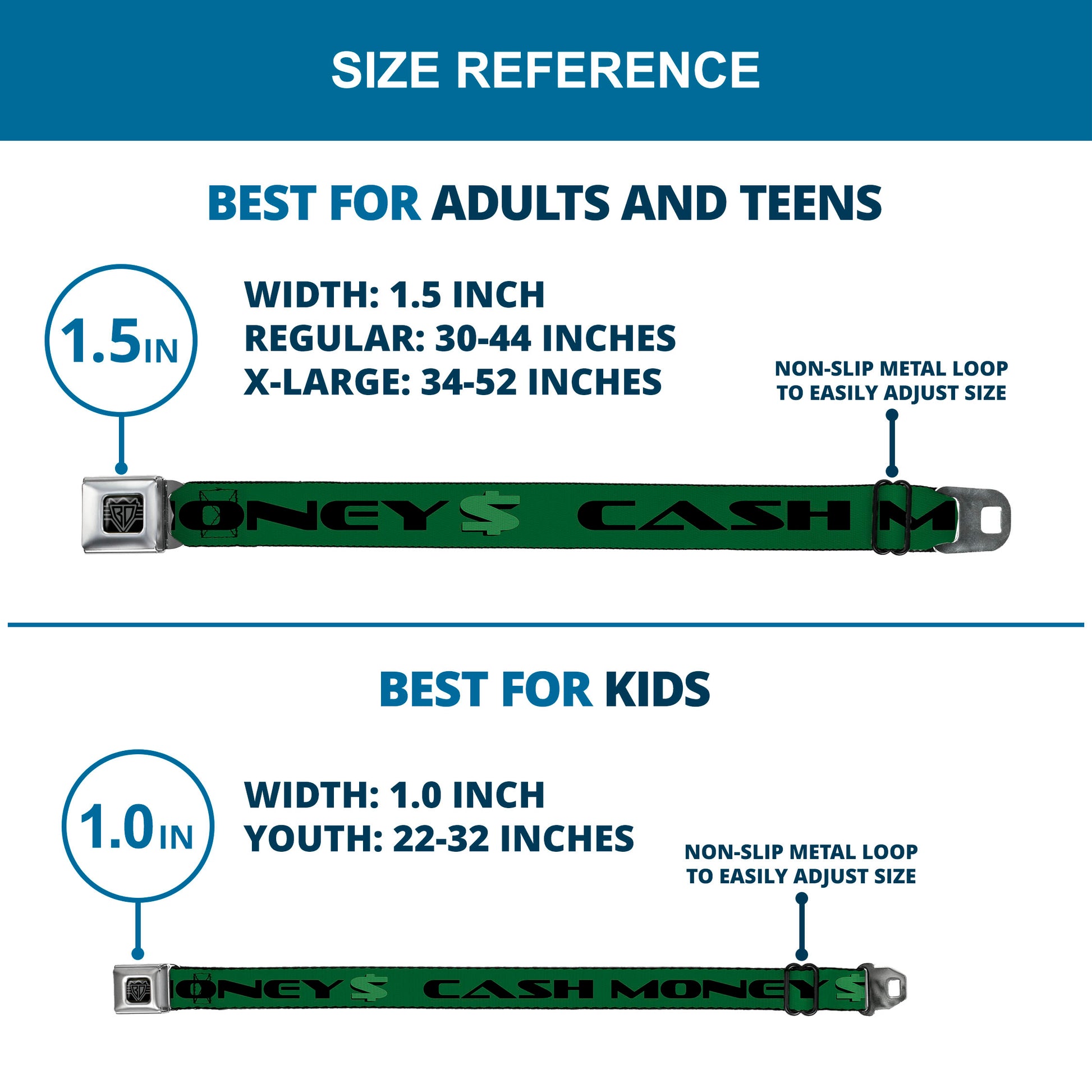 BD Wings Logo CLOSE-UP Full Color Black Silver Seatbelt Belt - CASH MONEY $ Green/Black Webbing Seatbelt Belts Buckle-Down