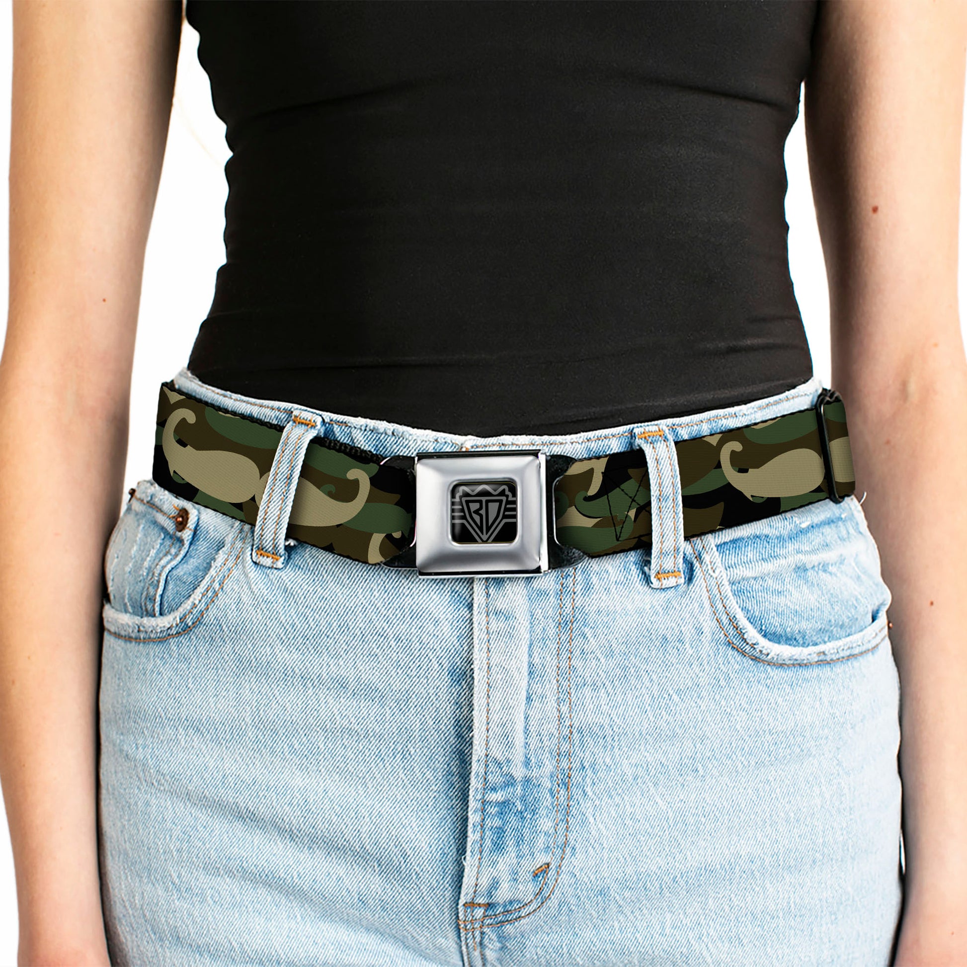 BD Wings Logo CLOSE-UP Full Color Black Silver Seatbelt Belt - Camo'stache Webbing Seatbelt Belts Buckle-Down