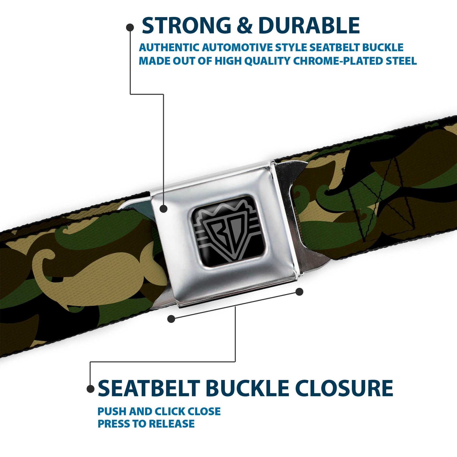 BD Wings Logo CLOSE-UP Full Color Black Silver Seatbelt Belt - Camo'stache Webbing Seatbelt Belts Buckle-Down