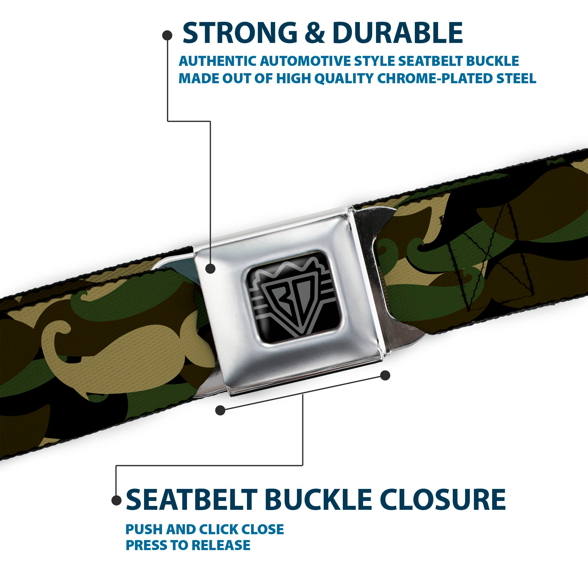 BD Wings Logo CLOSE-UP Full Color Black Silver Seatbelt Belt - Camo'stache Webbing Seatbelt Belts Buckle-Down