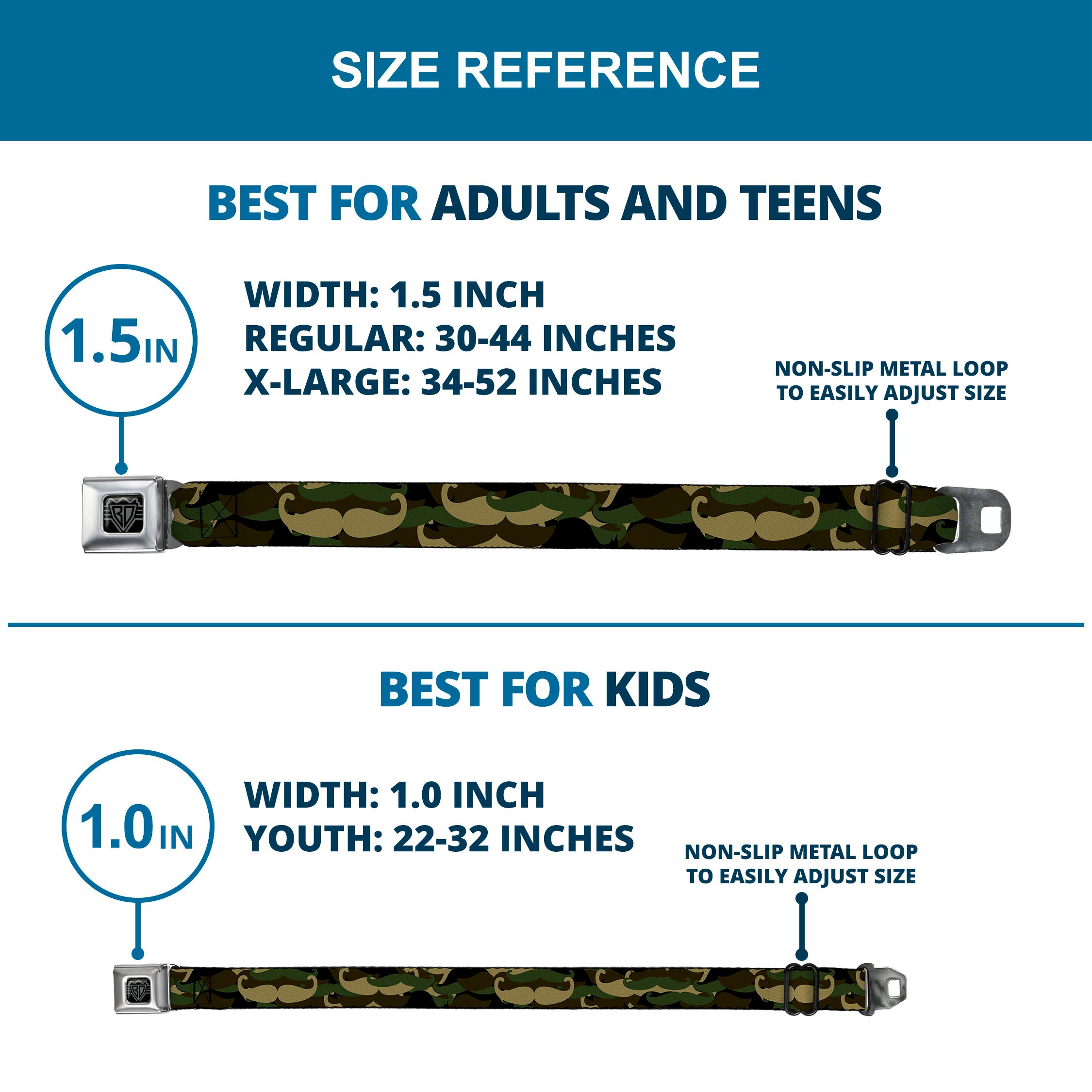 BD Wings Logo CLOSE-UP Full Color Black Silver Seatbelt Belt - Camo'stache Webbing Seatbelt Belts Buckle-Down