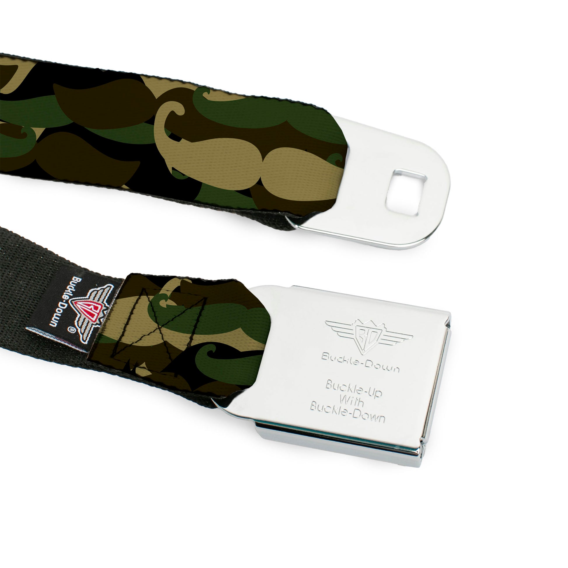 BD Wings Logo CLOSE-UP Full Color Black Silver Seatbelt Belt - Camo'stache Webbing Seatbelt Belts Buckle-Down