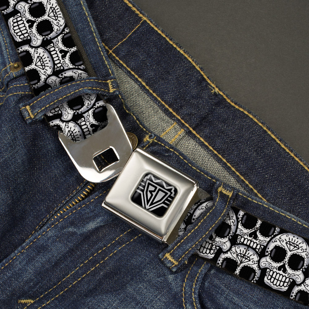 BD Wings Logo CLOSE-UP Full Color Black Silver Seatbelt Belt - Cartoon Sugar Skulls Stacked Black/White Webbing Seatbelt Belts Buckle-Down