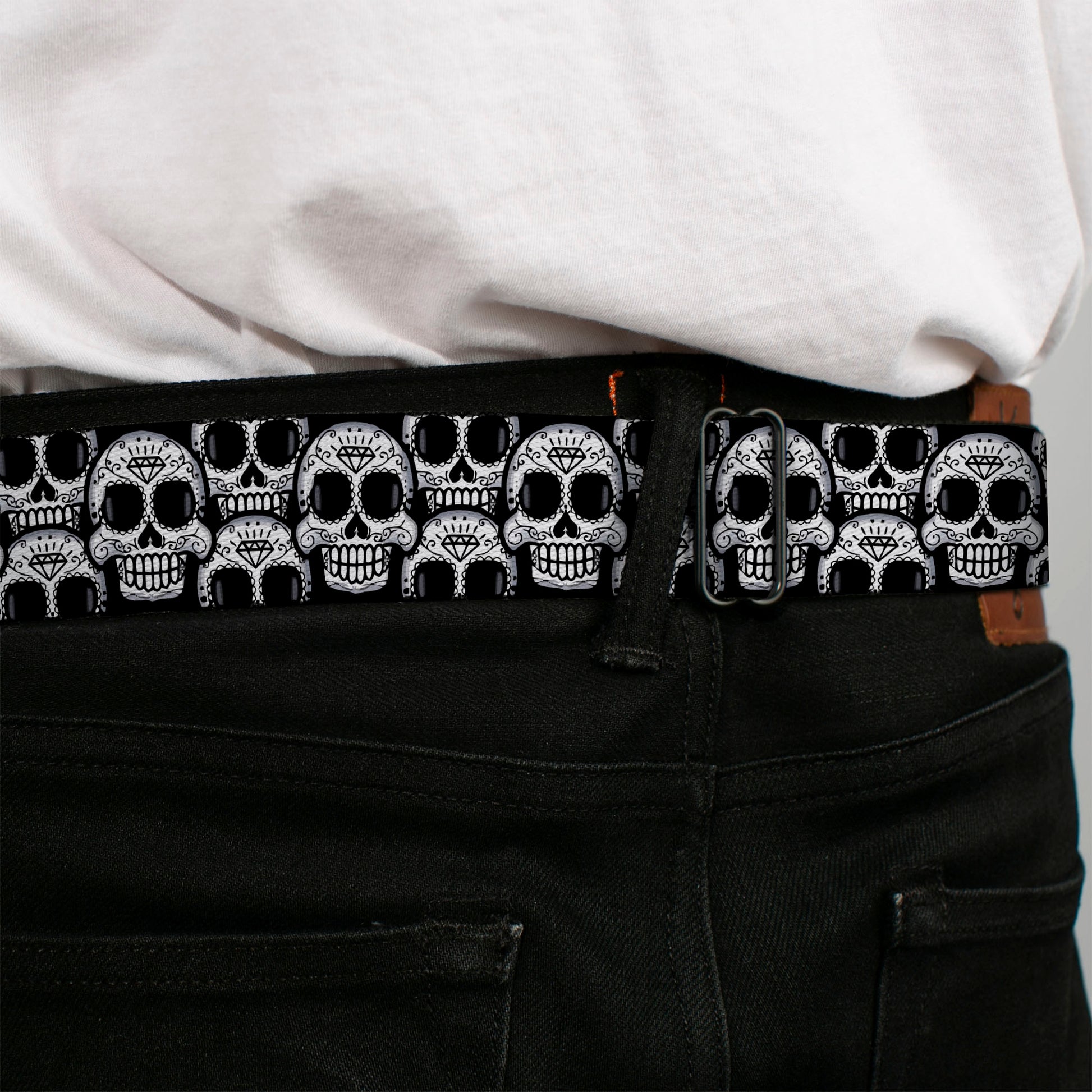 BD Wings Logo CLOSE-UP Full Color Black Silver Seatbelt Belt - Cartoon Sugar Skulls Stacked Black/White Webbing Seatbelt Belts Buckle-Down