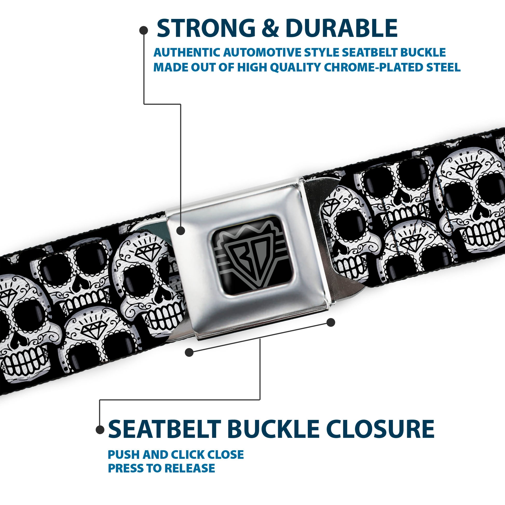 BD Wings Logo CLOSE-UP Full Color Black Silver Seatbelt Belt - Cartoon Sugar Skulls Stacked Black/White Webbing Seatbelt Belts Buckle-Down