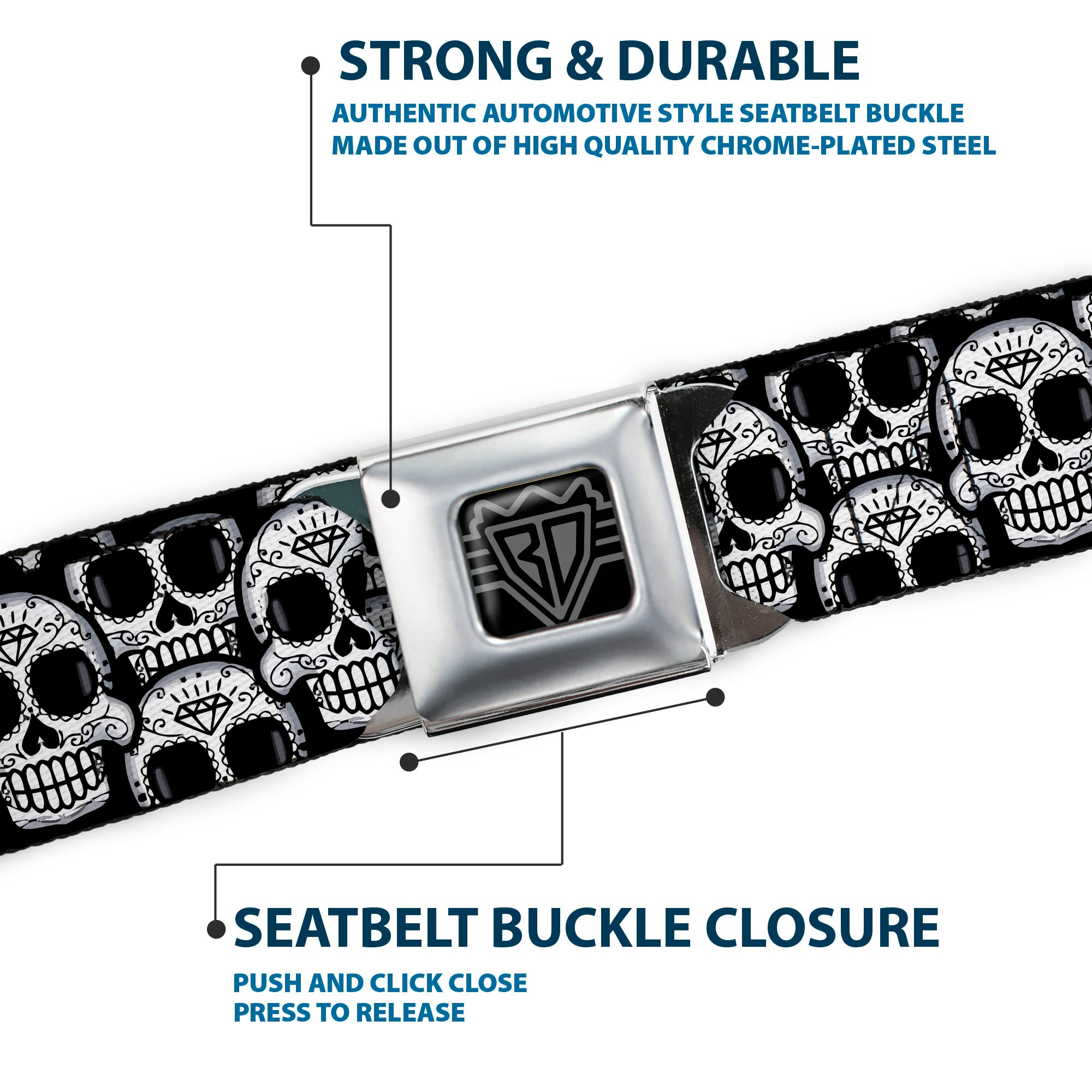 BD Wings Logo CLOSE-UP Full Color Black Silver Seatbelt Belt - Cartoon Sugar Skulls Stacked Black/White Webbing Seatbelt Belts Buckle-Down