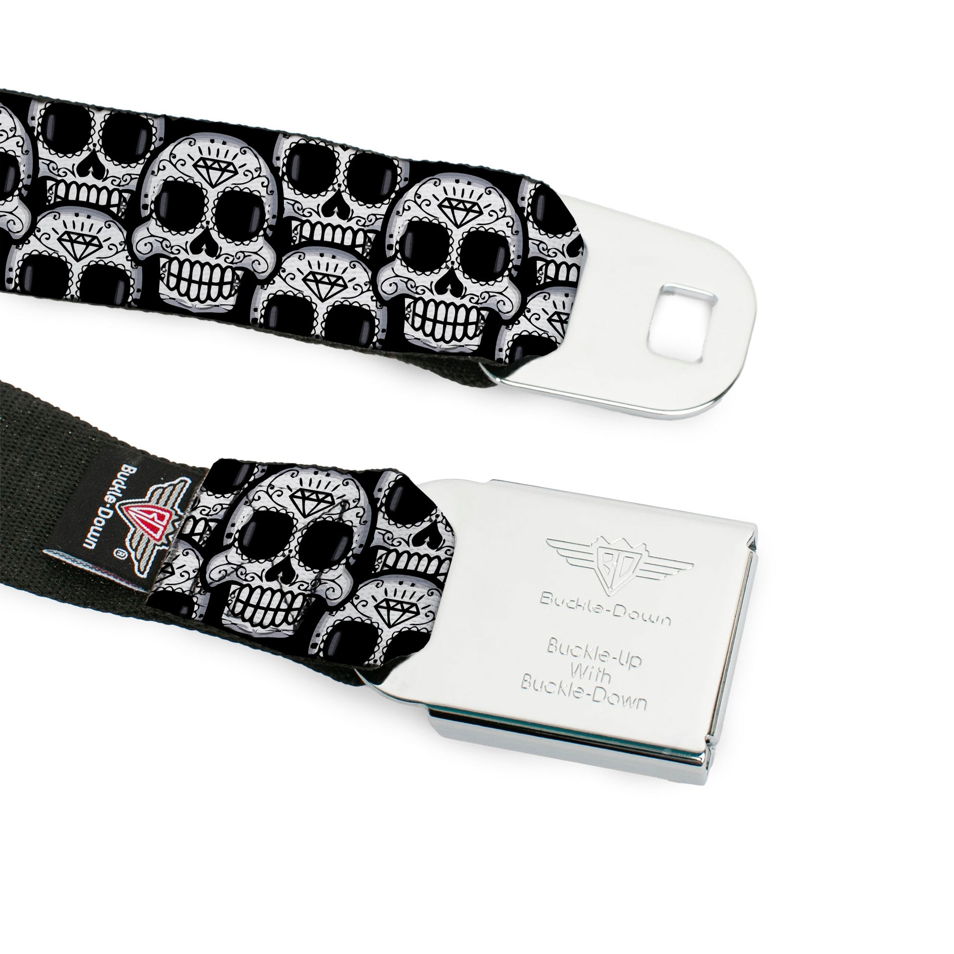 BD Wings Logo CLOSE-UP Full Color Black Silver Seatbelt Belt - Cartoon Sugar Skulls Stacked Black/White Webbing Seatbelt Belts Buckle-Down
