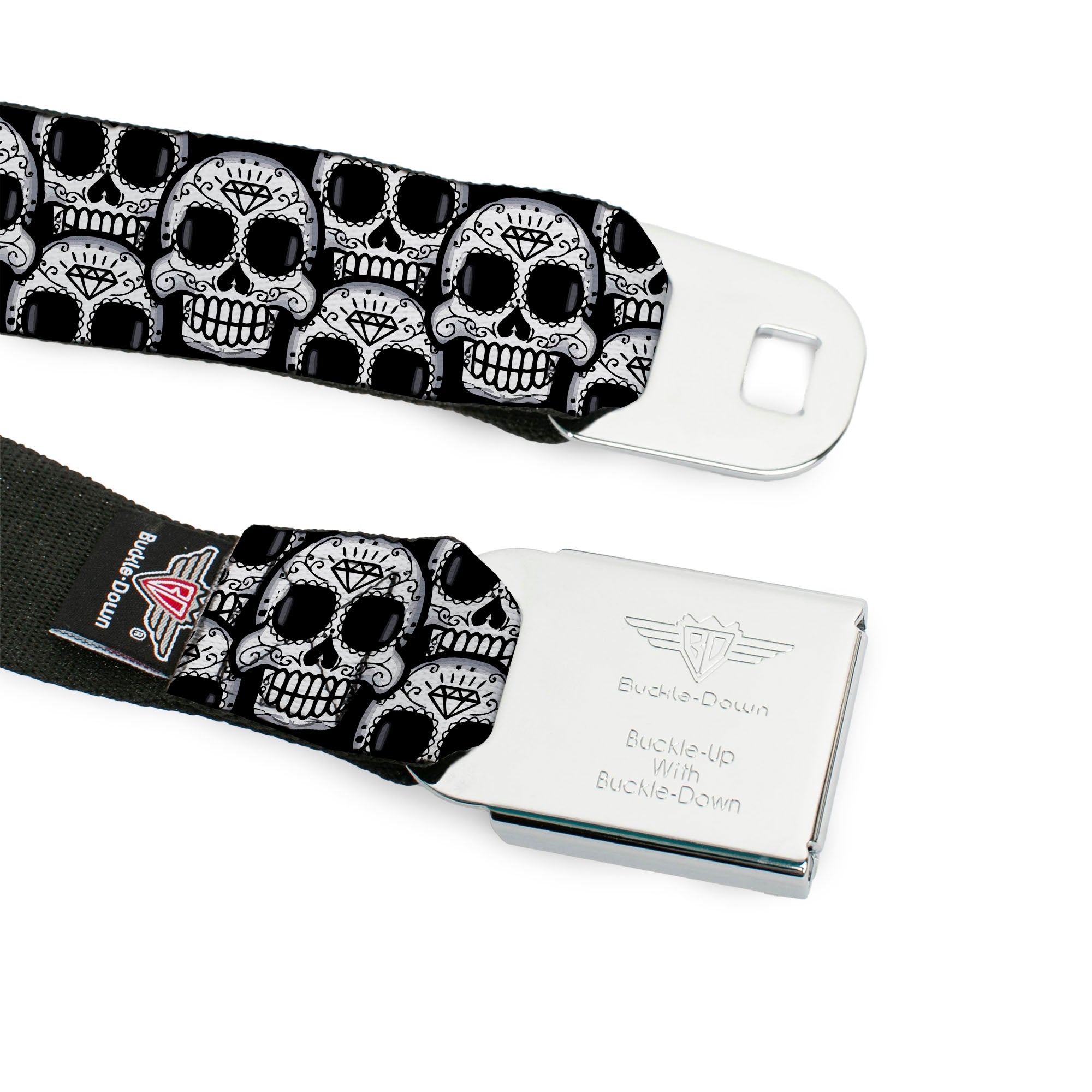 BD Wings Logo CLOSE-UP Full Color Black Silver Seatbelt Belt - Cartoon Sugar Skulls Stacked Black/White Webbing Seatbelt Belts Buckle-Down