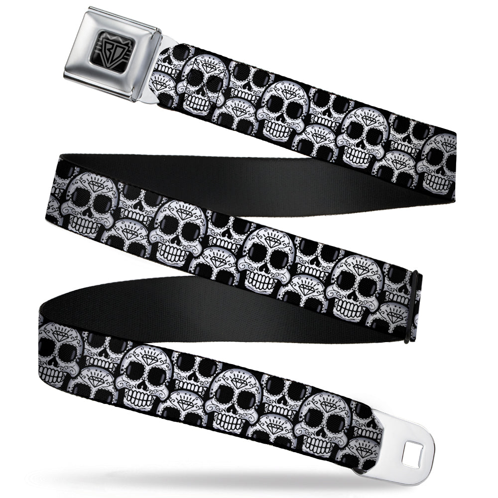 BD Wings Logo CLOSE-UP Full Color Black Silver Seatbelt Belt - Cartoon Sugar Skulls Stacked Black/White Webbing Seatbelt Belts Buckle-Down