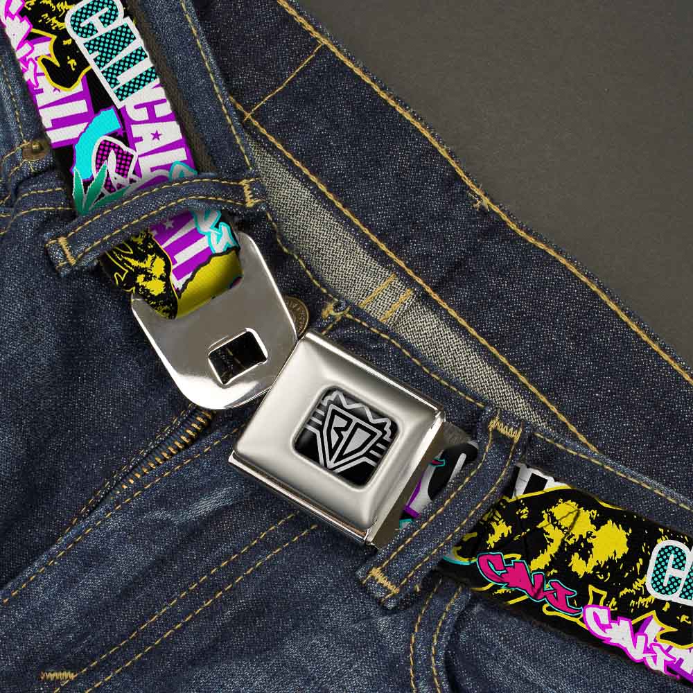 BD Wings Logo CLOSE-UP Full Color Black Silver Seatbelt Belt - Cali Bear/CALI Graffiti/Pot Leaves Black/Multi Color Webbing Seatbelt Belts Buckle-Down