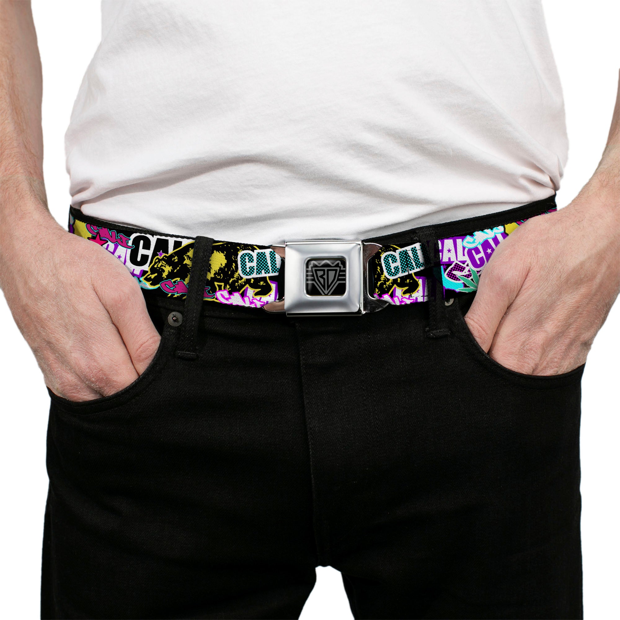BD Wings Logo CLOSE-UP Full Color Black Silver Seatbelt Belt - Cali Bear/CALI Graffiti/Pot Leaves Black/Multi Color Webbing Seatbelt Belts Buckle-Down
