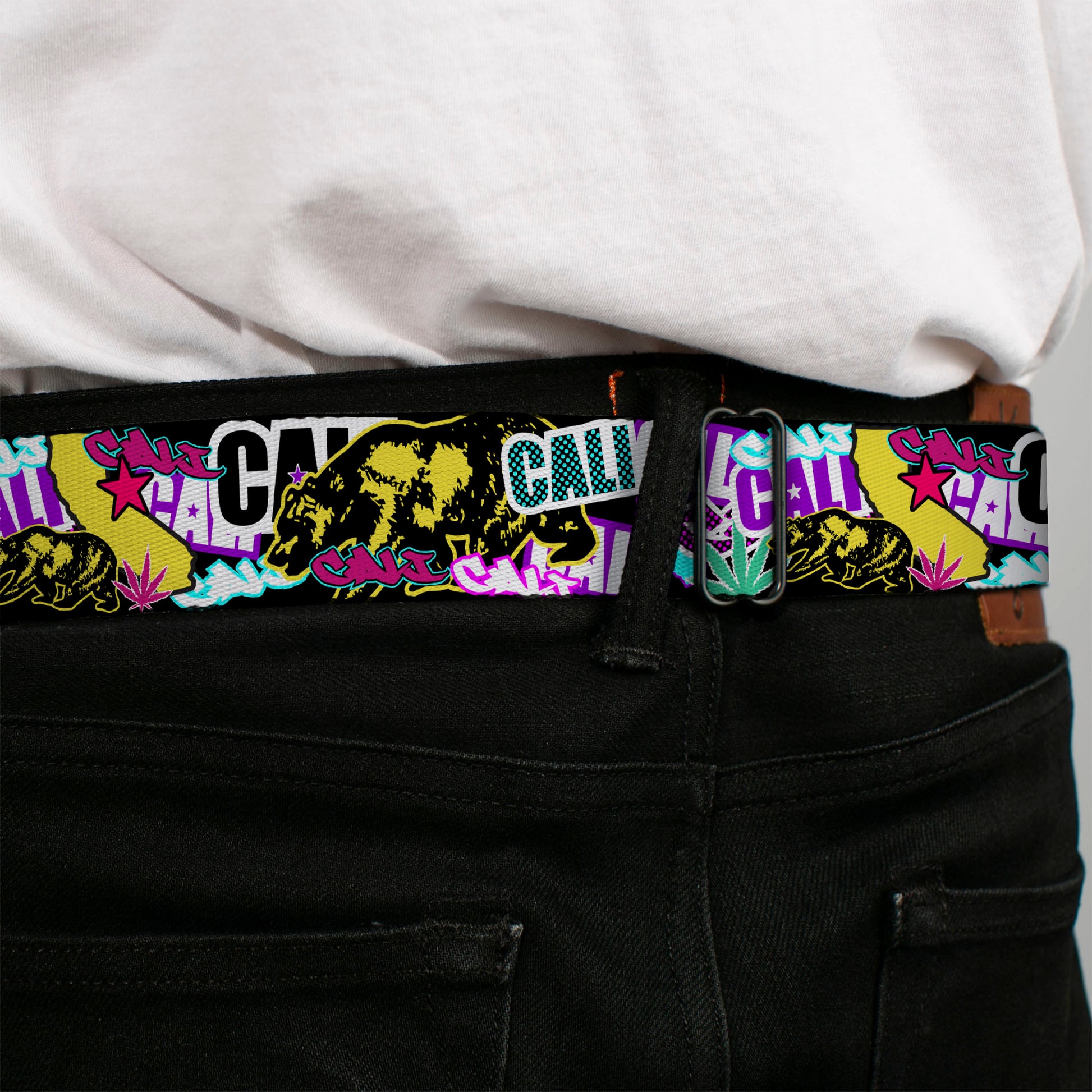 BD Wings Logo CLOSE-UP Full Color Black Silver Seatbelt Belt - Cali Bear/CALI Graffiti/Pot Leaves Black/Multi Color Webbing Seatbelt Belts Buckle-Down