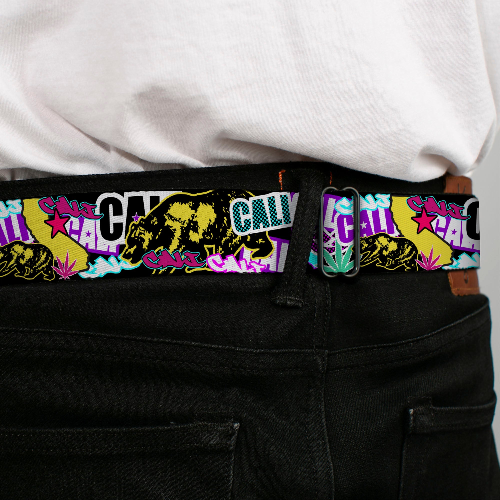 BD Wings Logo CLOSE-UP Full Color Black Silver Seatbelt Belt - Cali Bear/CALI Graffiti/Pot Leaves Black/Multi Color Webbing Seatbelt Belts Buckle-Down