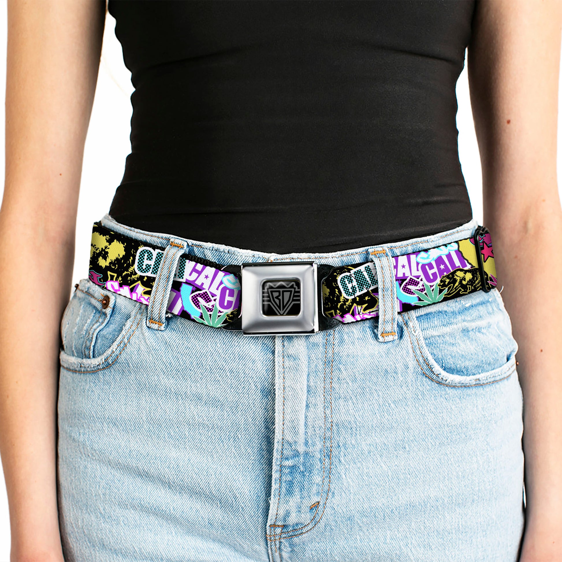 BD Wings Logo CLOSE-UP Full Color Black Silver Seatbelt Belt - Cali Bear/CALI Graffiti/Pot Leaves Black/Multi Color Webbing Seatbelt Belts Buckle-Down
