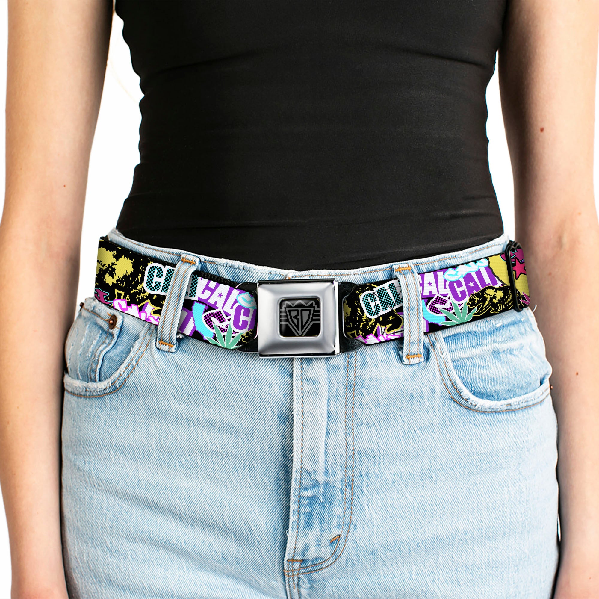 BD Wings Logo CLOSE-UP Full Color Black Silver Seatbelt Belt - Cali Bear/CALI Graffiti/Pot Leaves Black/Multi Color Webbing Seatbelt Belts Buckle-Down