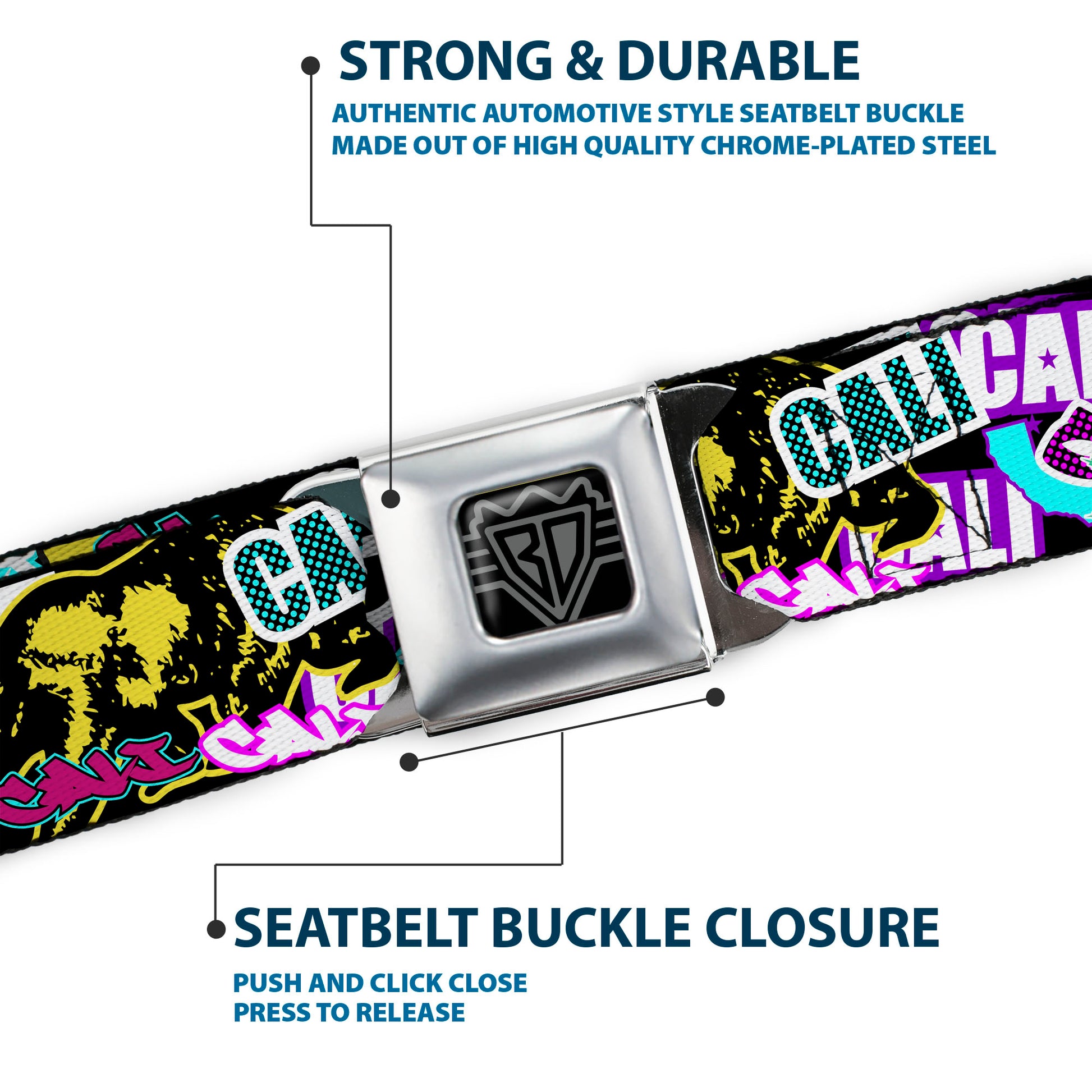 BD Wings Logo CLOSE-UP Full Color Black Silver Seatbelt Belt - Cali Bear/CALI Graffiti/Pot Leaves Black/Multi Color Webbing Seatbelt Belts Buckle-Down