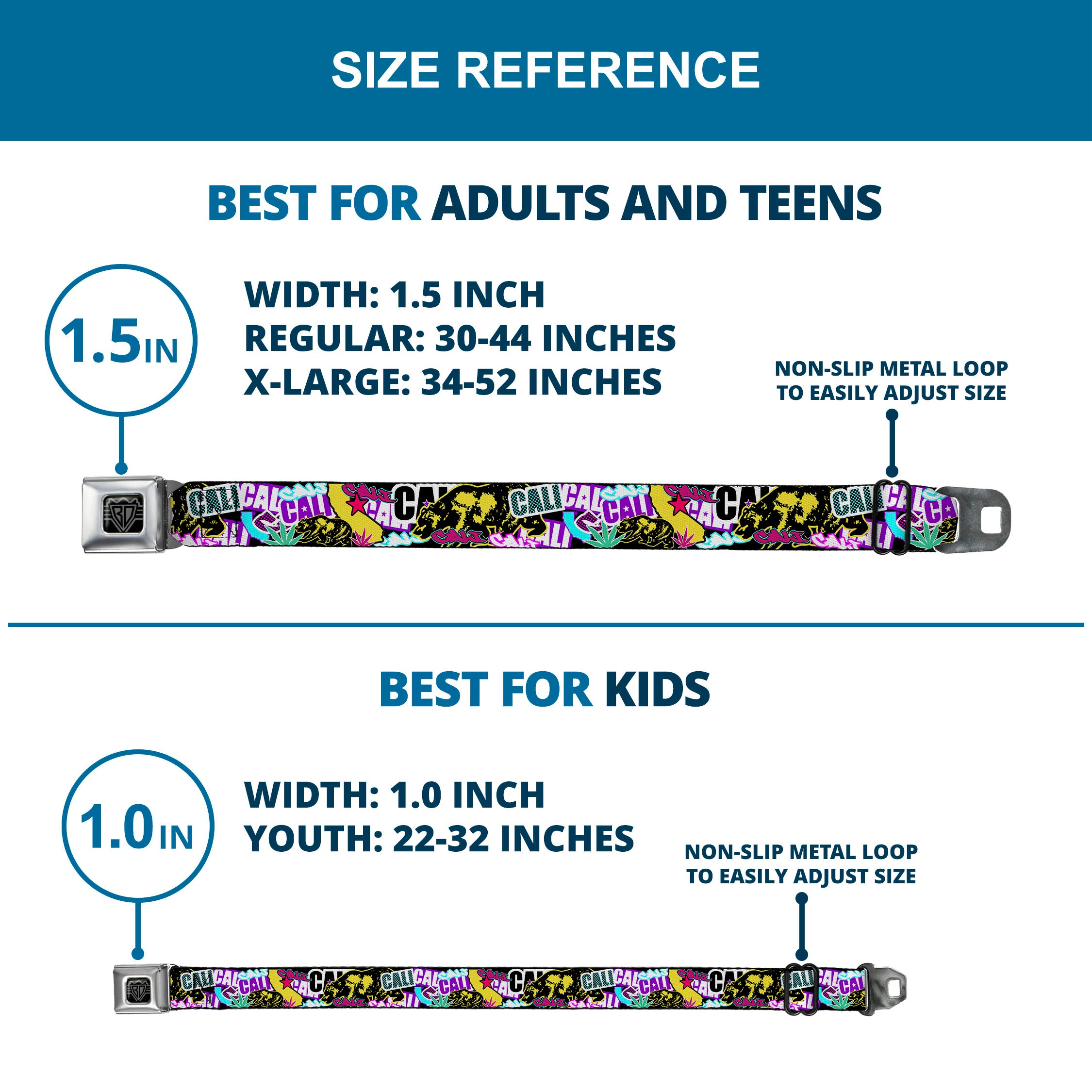 BD Wings Logo CLOSE-UP Full Color Black Silver Seatbelt Belt - Cali Bear/CALI Graffiti/Pot Leaves Black/Multi Color Webbing Seatbelt Belts Buckle-Down