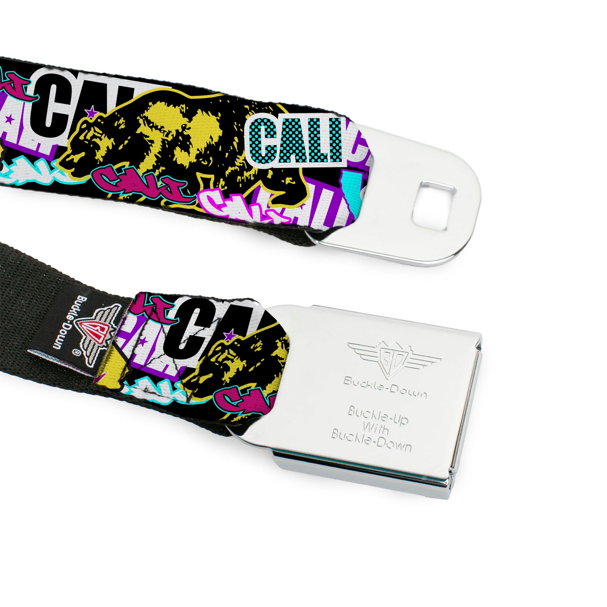 BD Wings Logo CLOSE-UP Full Color Black Silver Seatbelt Belt - Cali Bear/CALI Graffiti/Pot Leaves Black/Multi Color Webbing Seatbelt Belts Buckle-Down