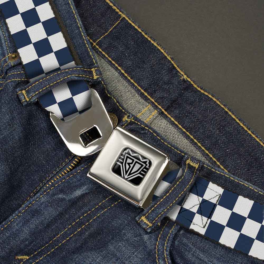 BD Wings Logo CLOSE-UP Full Color Black Silver Seatbelt Belt - Checker Sapphire Blue/White Webbing Seatbelt Belts Buckle-Down