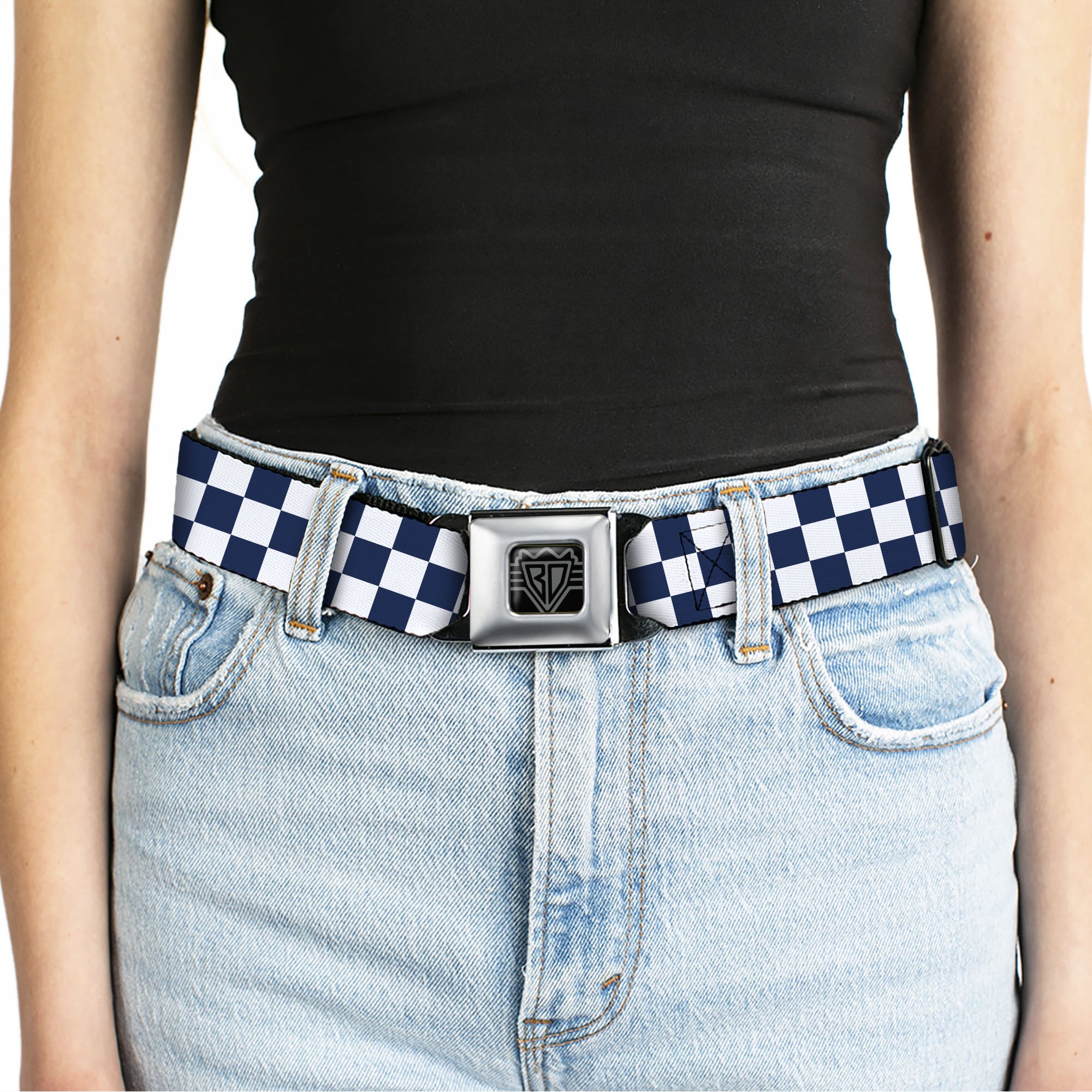 BD Wings Logo CLOSE-UP Full Color Black Silver Seatbelt Belt - Checker Sapphire Blue/White Webbing Seatbelt Belts Buckle-Down