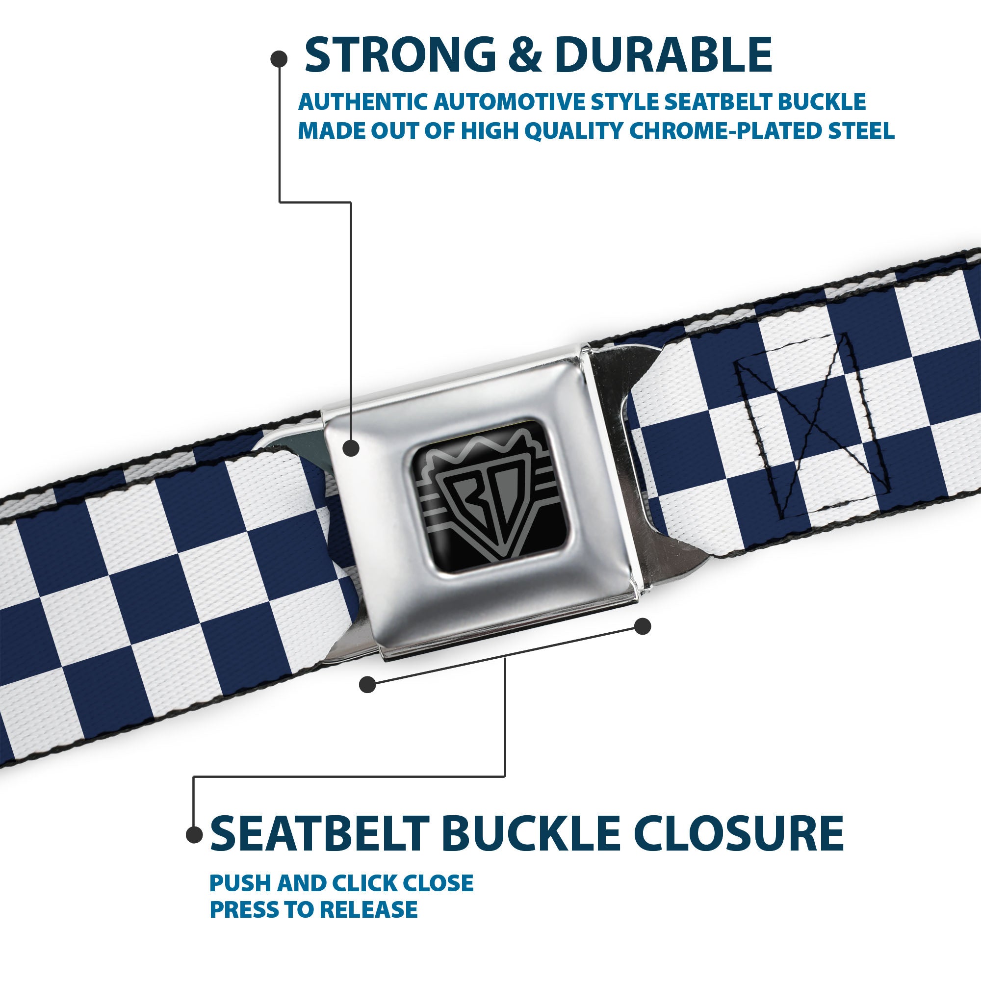 BD Wings Logo CLOSE-UP Full Color Black Silver Seatbelt Belt - Checker Sapphire Blue/White Webbing Seatbelt Belts Buckle-Down