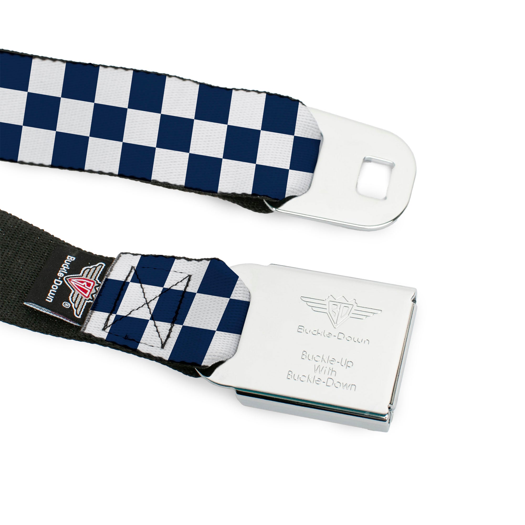 BD Wings Logo CLOSE-UP Full Color Black Silver Seatbelt Belt - Checker Sapphire Blue/White Webbing Seatbelt Belts Buckle-Down