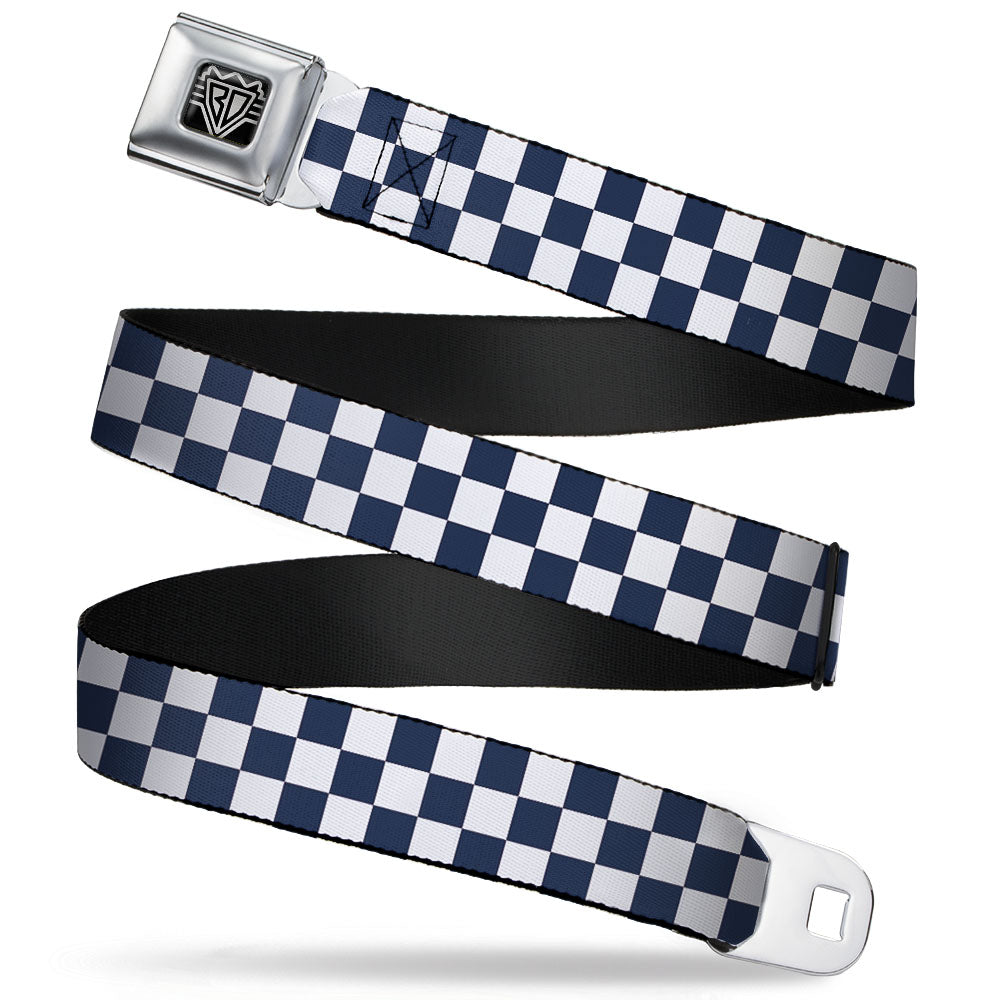 BD Wings Logo CLOSE-UP Full Color Black Silver Seatbelt Belt - Checker Sapphire Blue/White Webbing Seatbelt Belts Buckle-Down