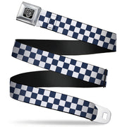 BD Wings Logo CLOSE-UP Full Color Black Silver Seatbelt Belt - Checker Sapphire Blue/White Webbing Seatbelt Belts Buckle-Down