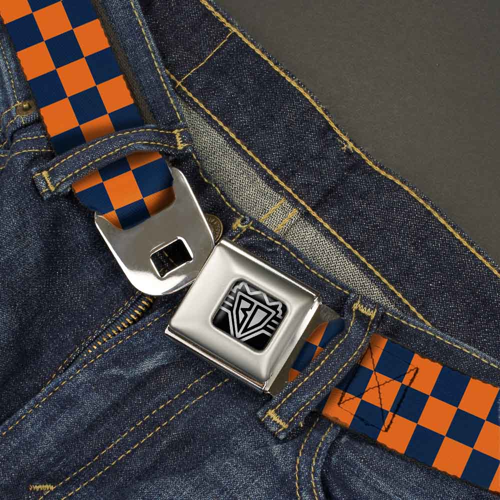BD Wings Logo CLOSE-UP Full Color Black Silver Seatbelt Belt - Checker Orange/Dark Blue Webbing Seatbelt Belts Buckle-Down